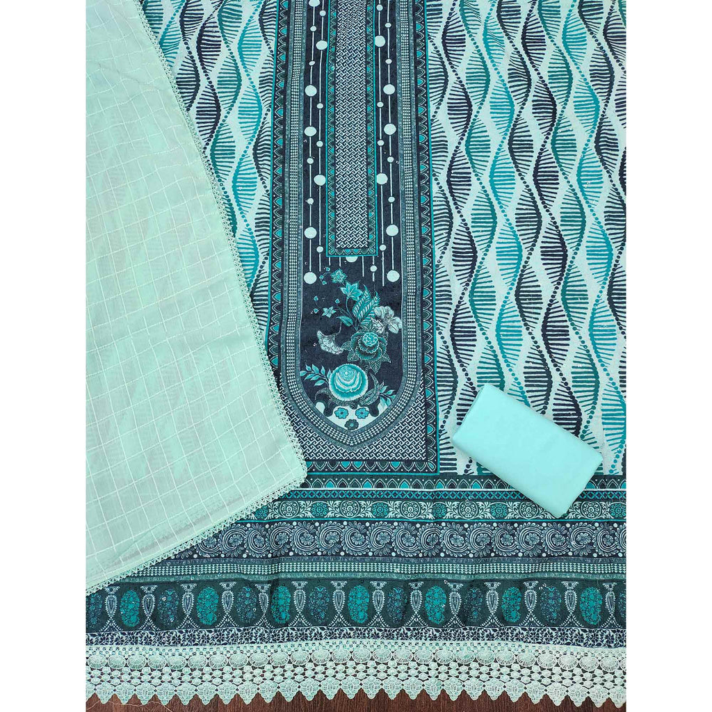 Blue Cotton Blend Dress Material With Schiffli Embroidery & Floral Digital Print