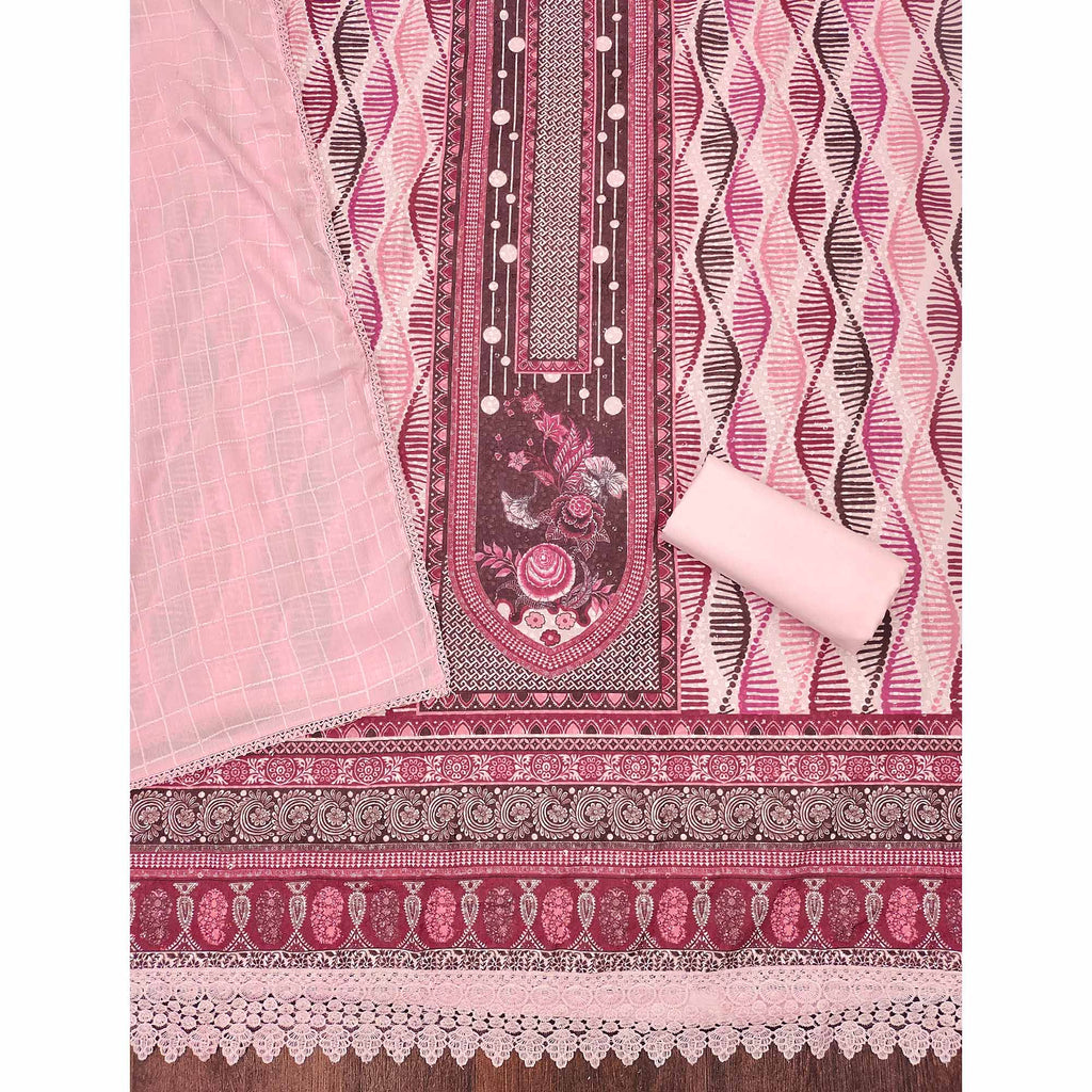 Pink Cotton Blend Dress Material With Schiffli Embroidery & Floral Digital Print