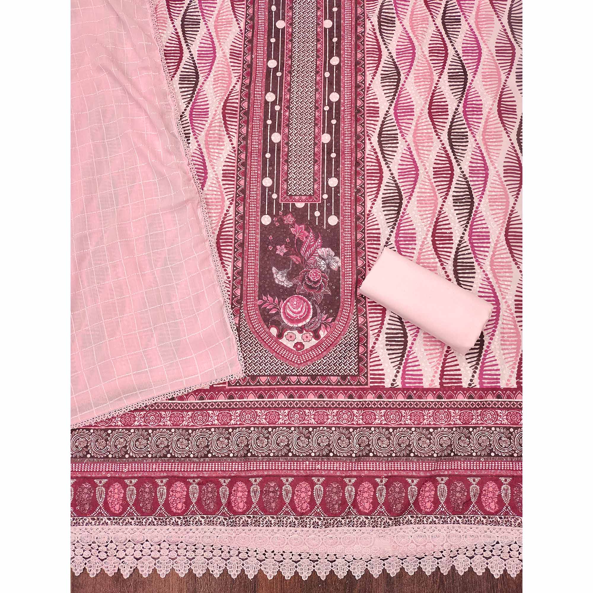 Pink Cotton Blend Dress Material With Schiffli Embroidery & Floral Digital Print