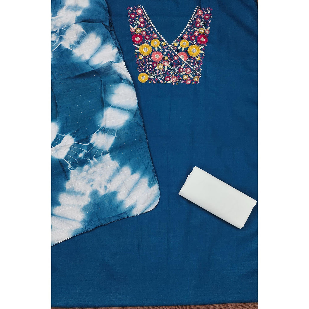 Blue Cotton Blend Dress Material With Floral Thread Embroidery