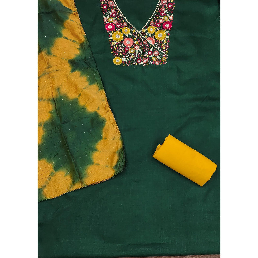 Green Cotton Blend Dress Material With Floral Thread Embroidery