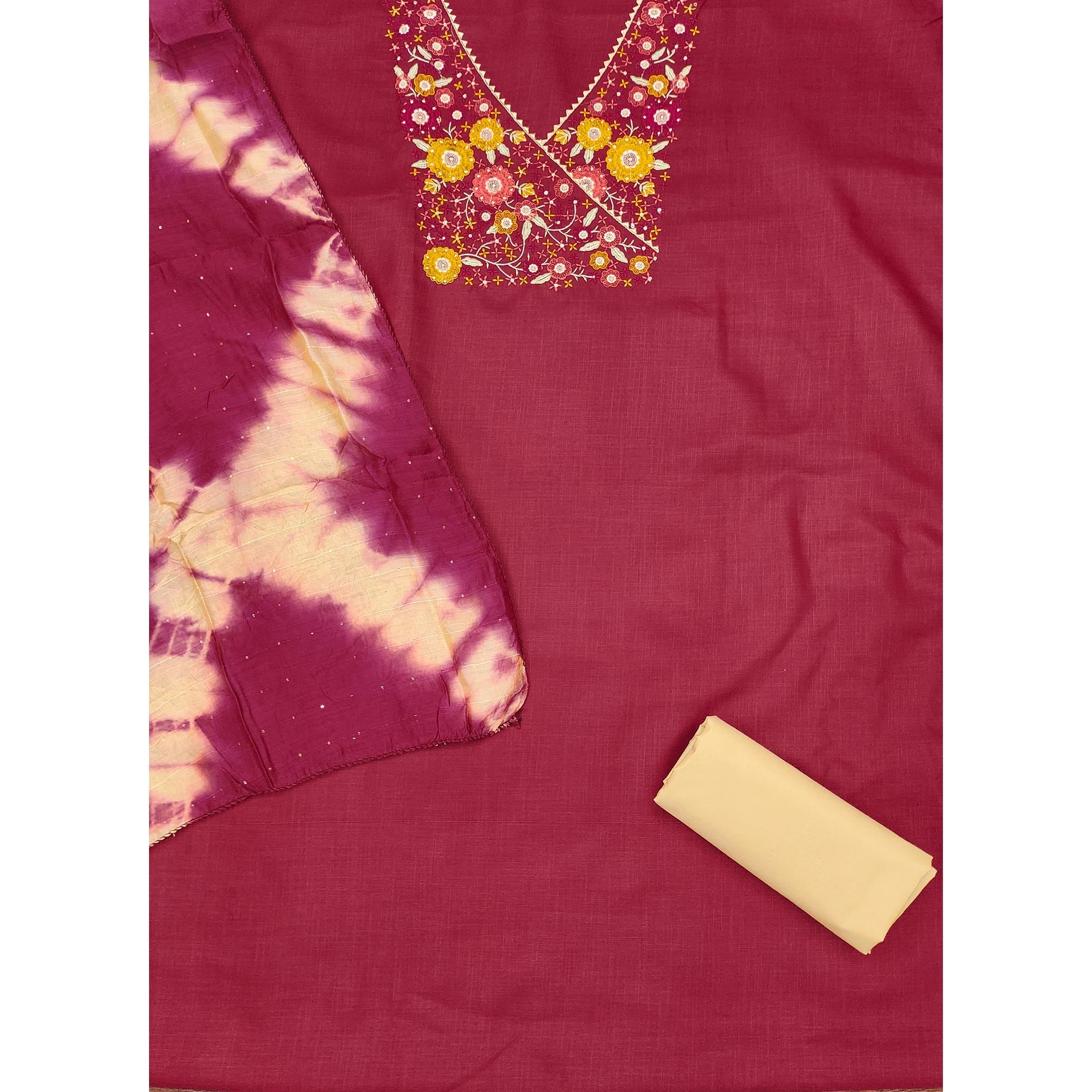 Pink Cotton Blend Dress Material With Floral Thread Embroidery