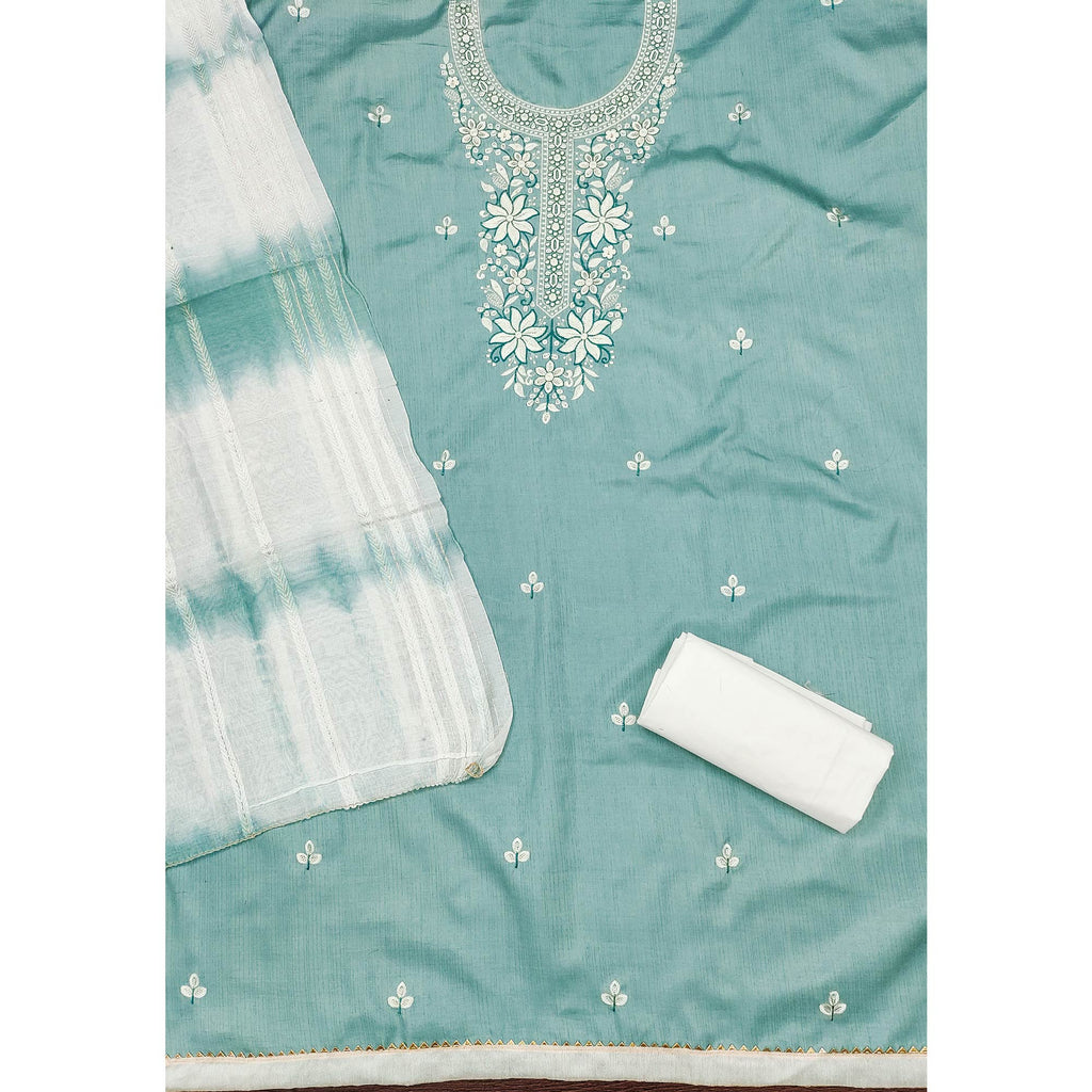 Blue Floral Sequins Embroidered Cotton Silk Dress Material