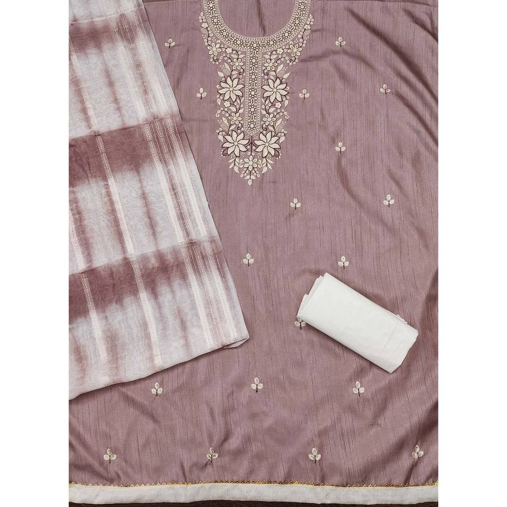 Dusty Rose Pink Floral Sequins Embroidered Cotton Silk Dress Material