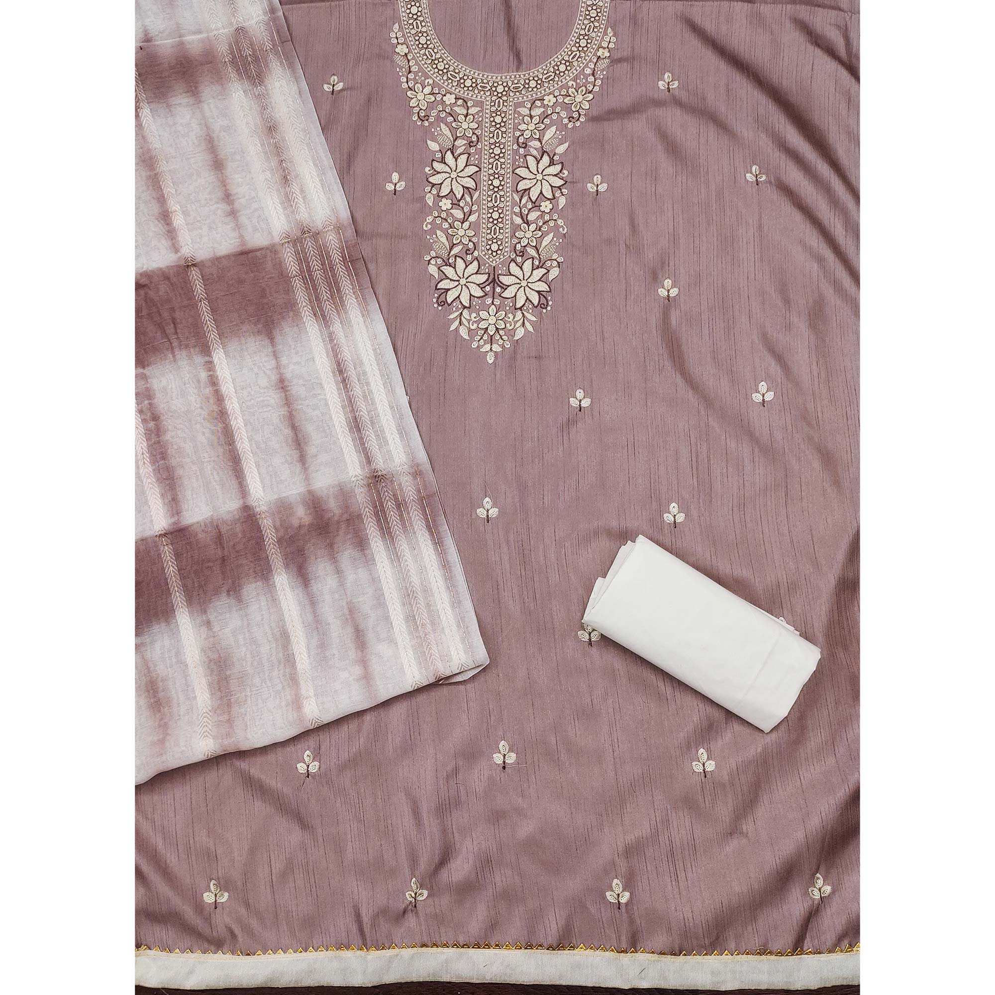 Dusty Rose Pink Floral Sequins Embroidered Cotton Silk Dress Material