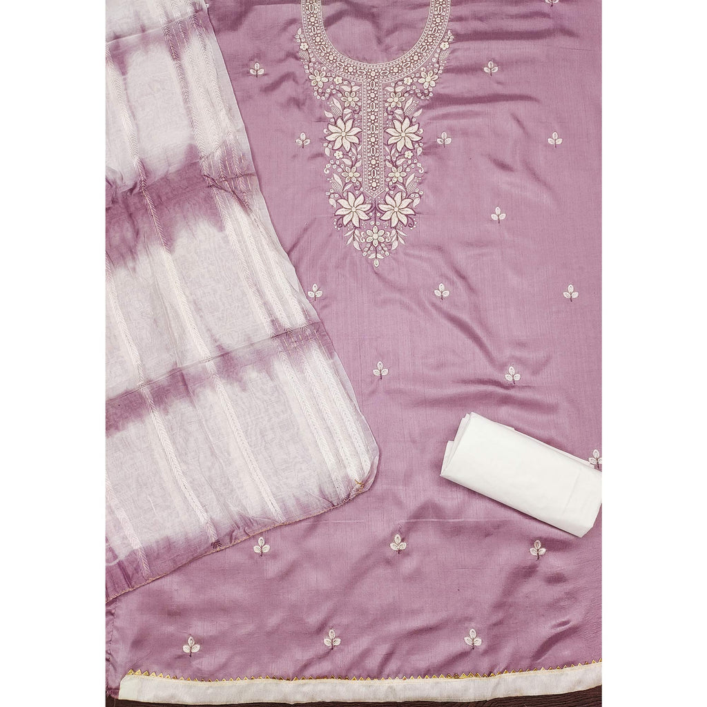 Onion Pink Floral Sequins Embroidered Cotton Silk Dress Material