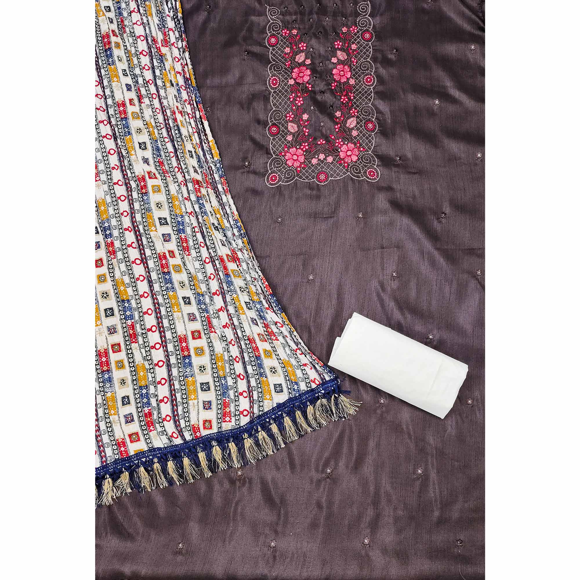 Dark Brown Floral Sequins Embroidered Cotton Silk Dress Material