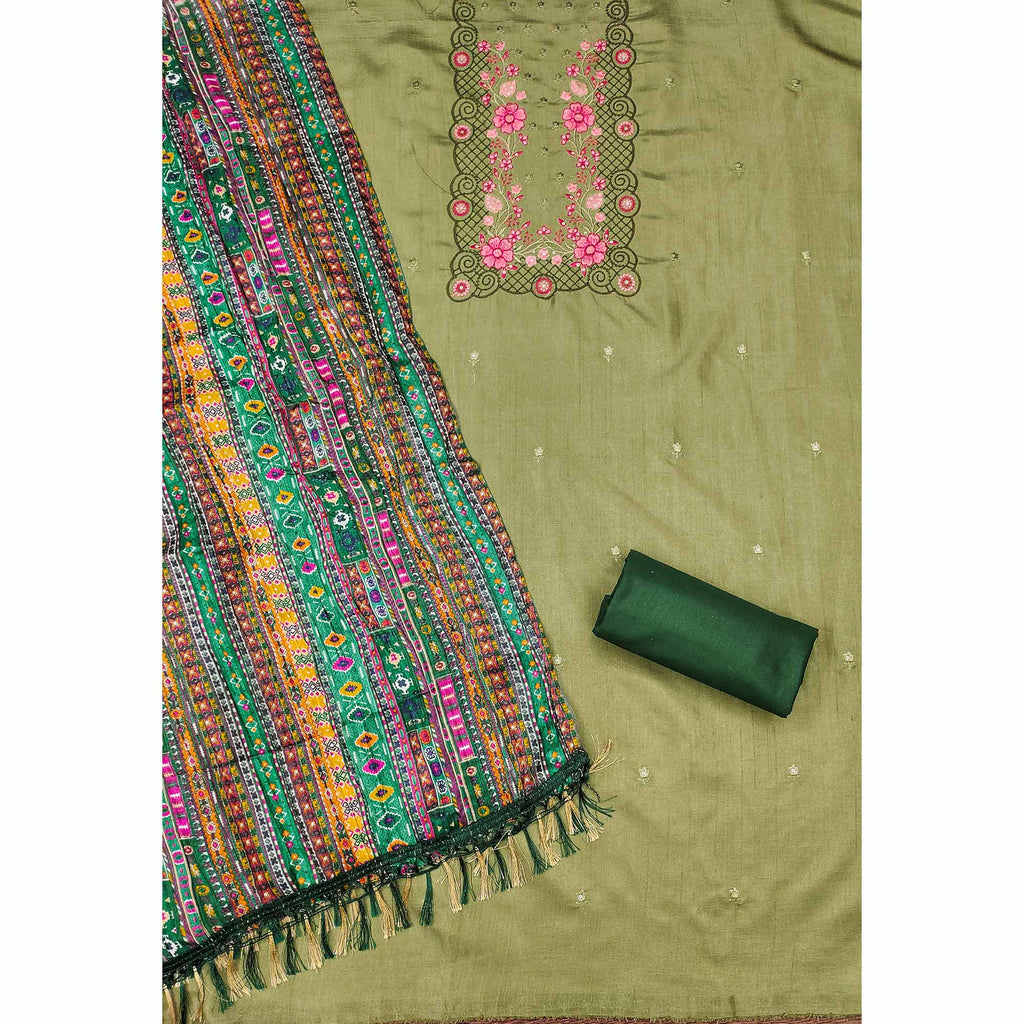 Green Floral Sequins Embroidered Cotton Silk Dress Material