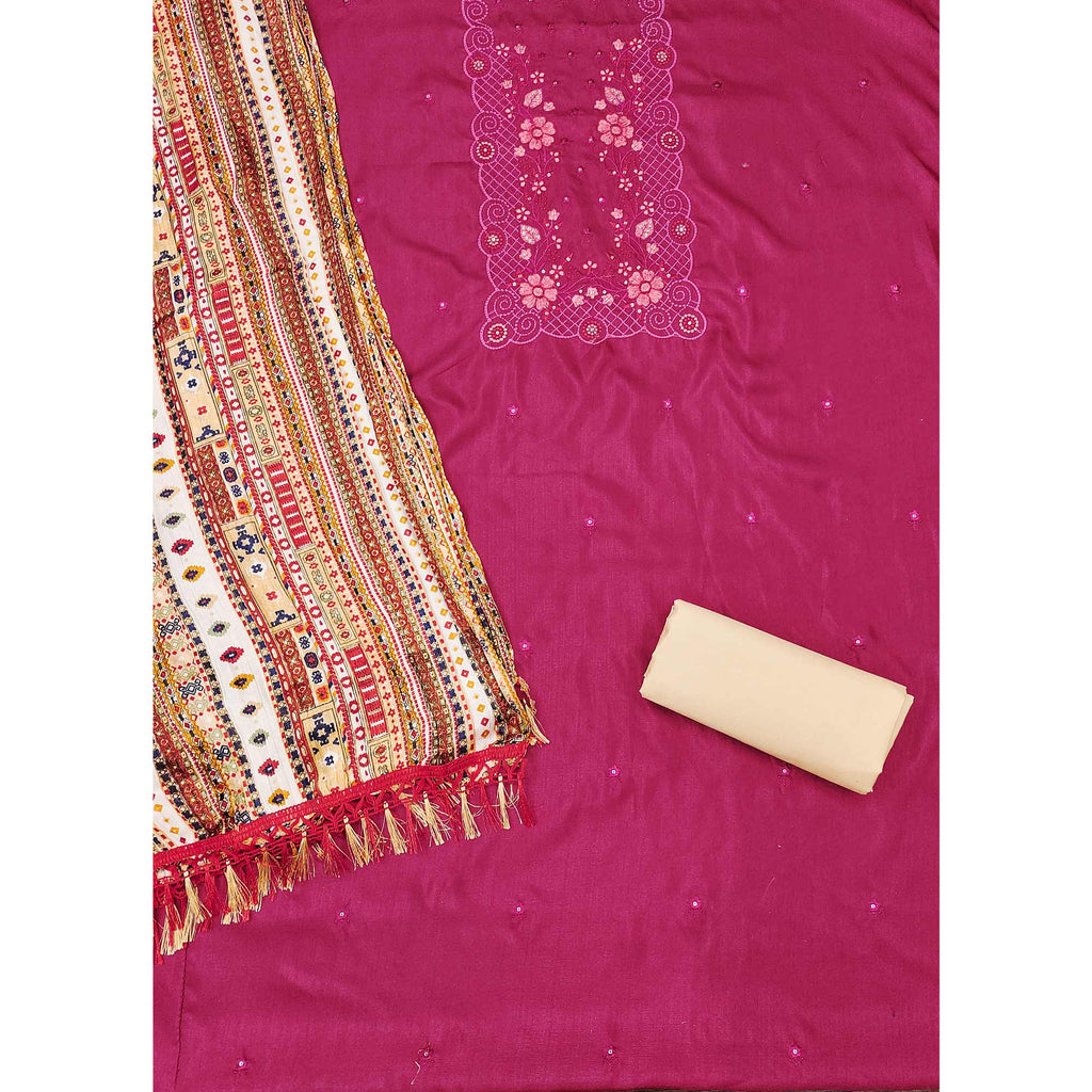 Pink Floral Sequins Embroidered Cotton Silk Dress Material