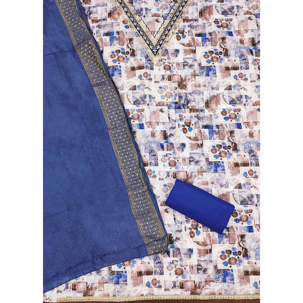 Blue Digital Printed Cotton Blend Dress Material With Intricate Neck Embroidery