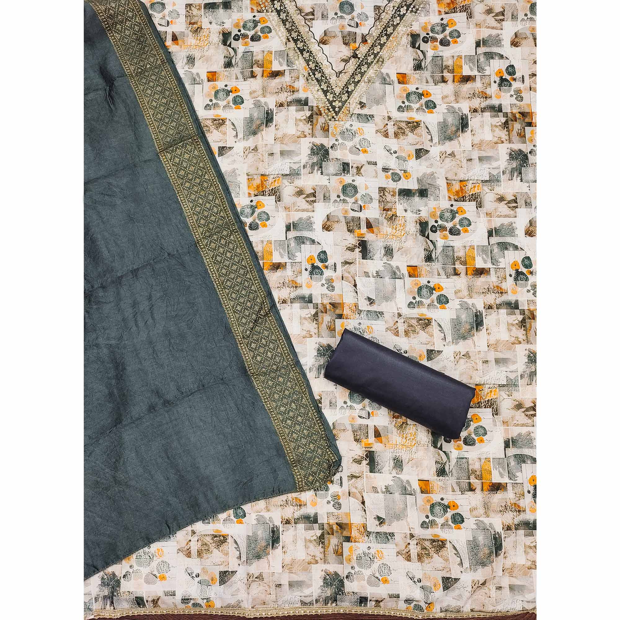 Grey Digital Printed Cotton Blend Dress Material With Intricate Neck Embroidery