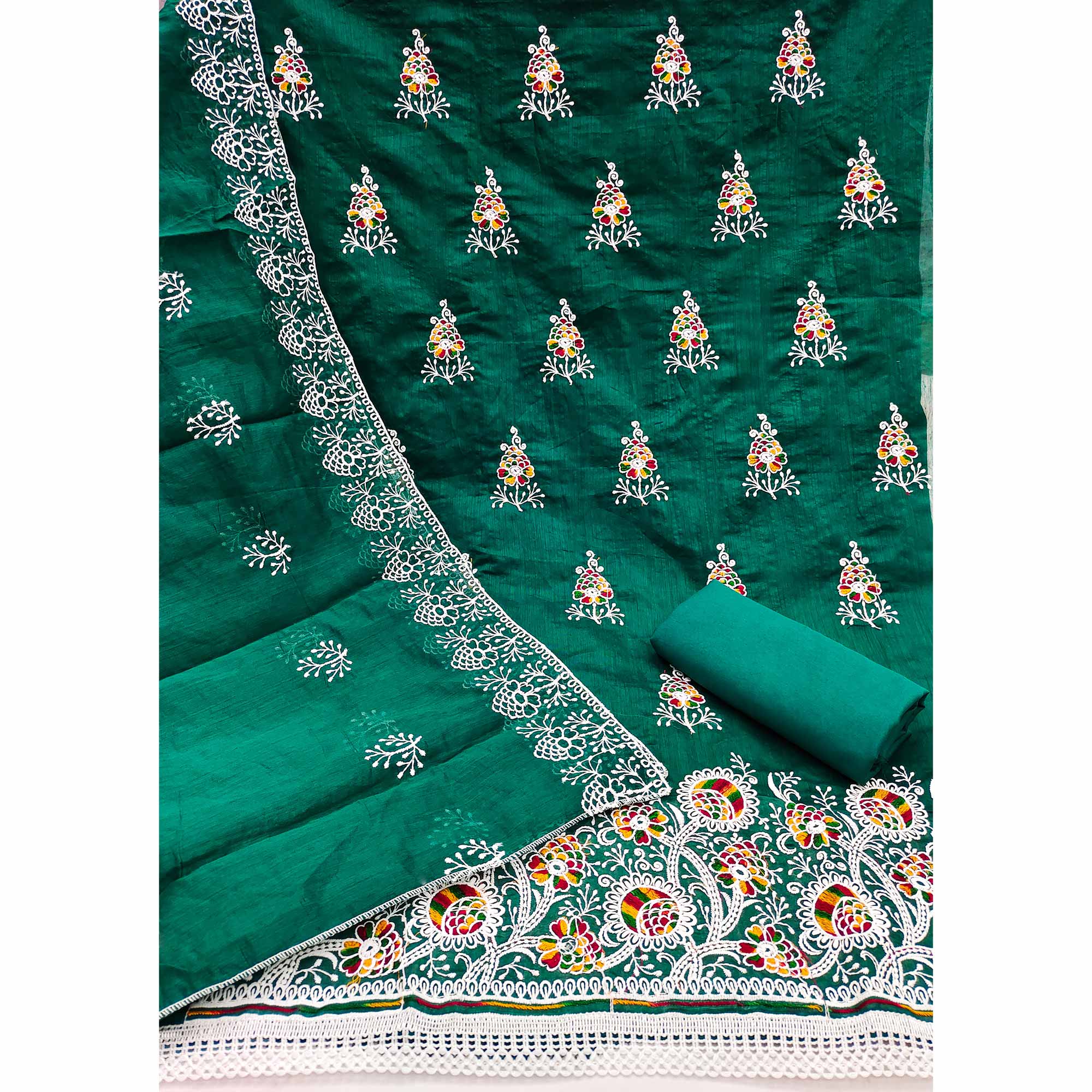 Bottle Green Chanderi Cotton Dress Material with Elegant Floral Thread Embroidery