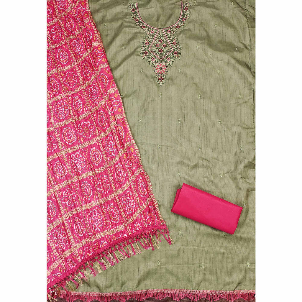 Green Floral Sequins Embroidered Cotton Silk Dress Material