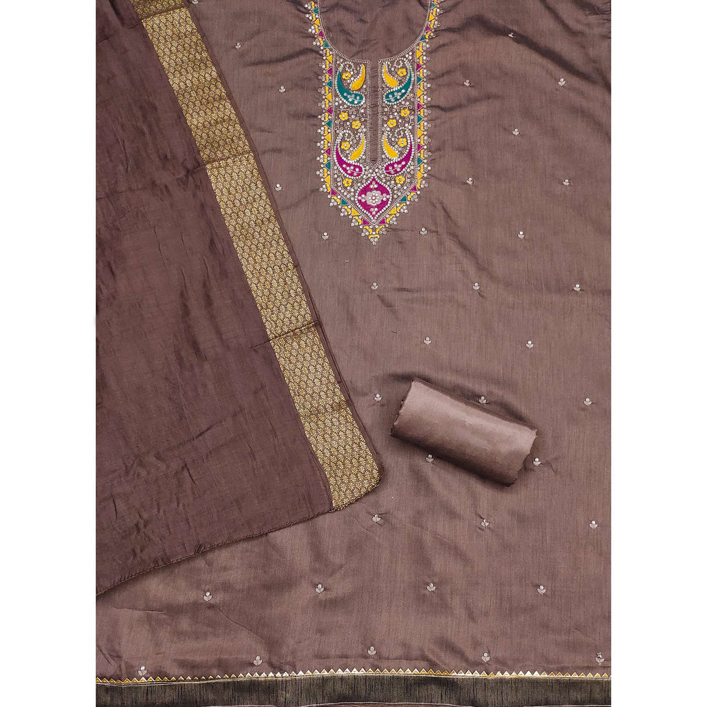 Brown Floral Sequins Embroidered Cotton Silk Dress Material