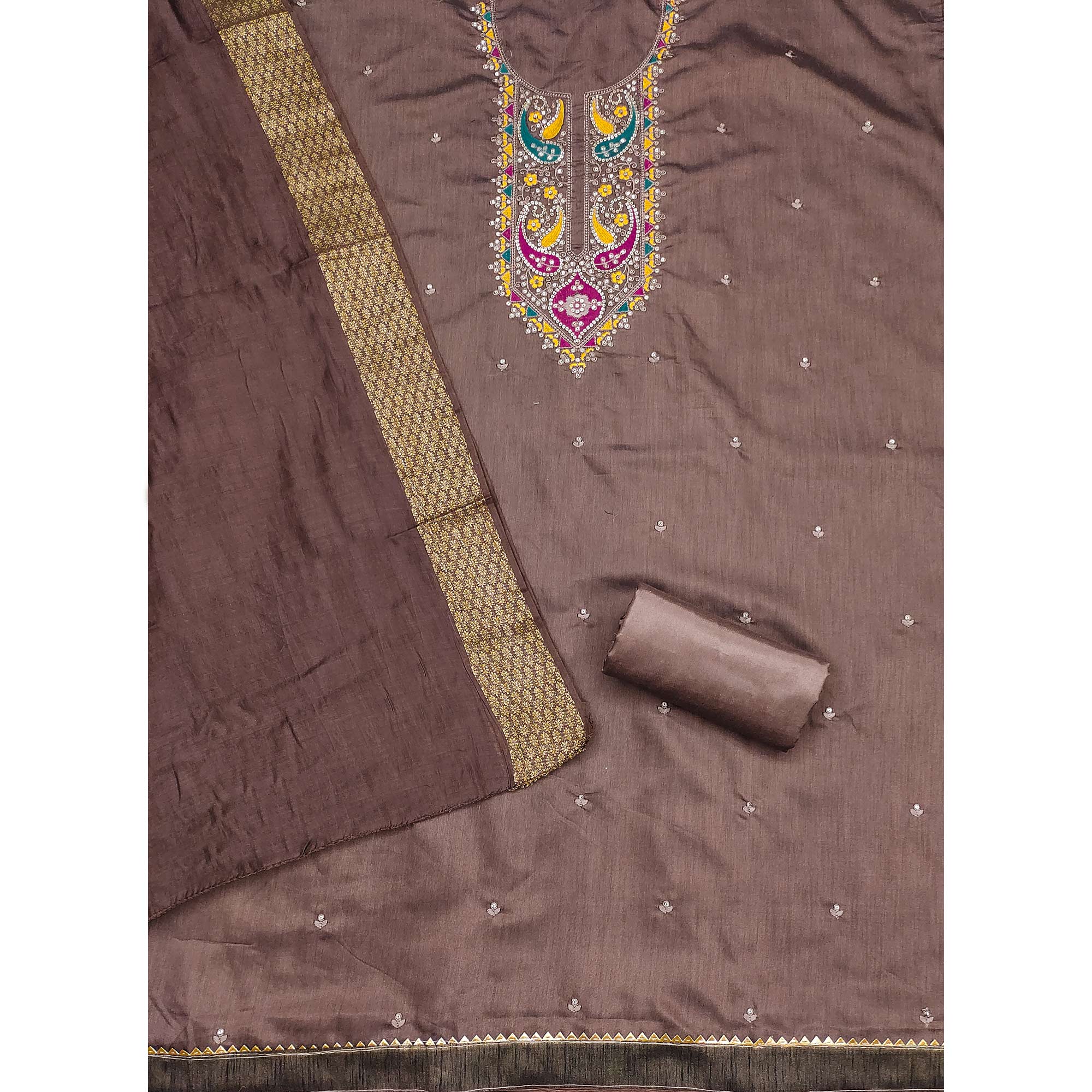 Brown Floral Sequins Embroidered Cotton Silk Dress Material