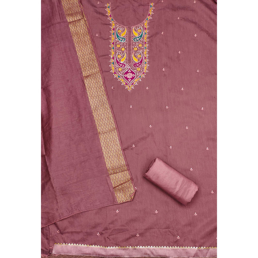 Dusty Rose Pink Floral Sequins Embroidered Cotton Silk Dress Material