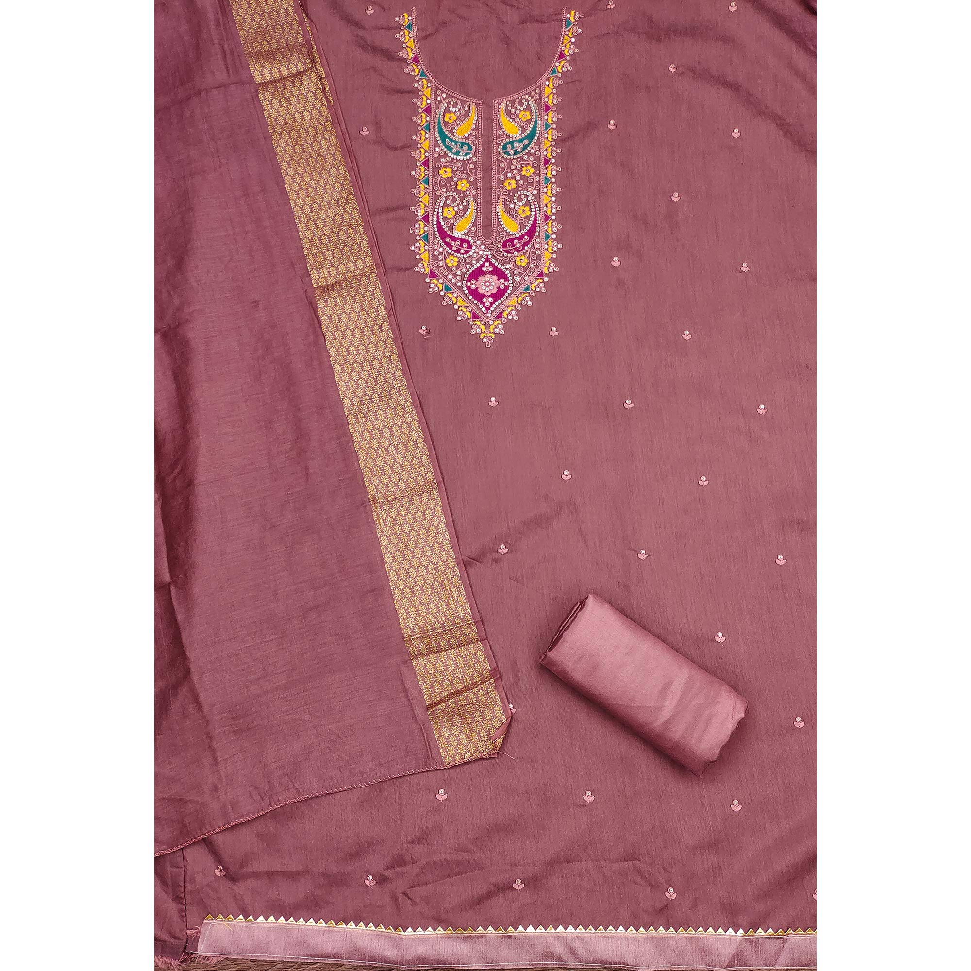 Dusty Rose Pink Floral Sequins Embroidered Cotton Silk Dress Material