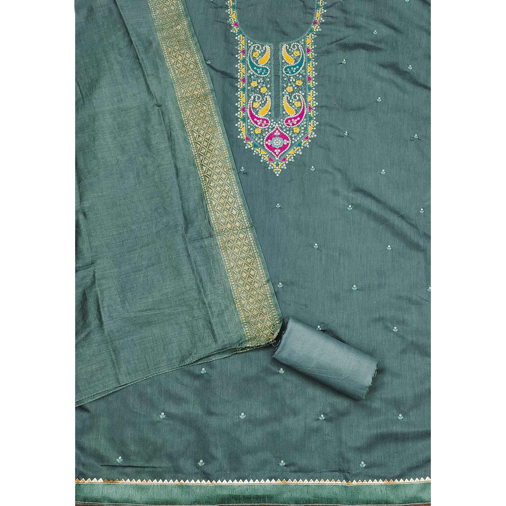 Green Floral Sequins Embroidered Cotton Silk Dress Material