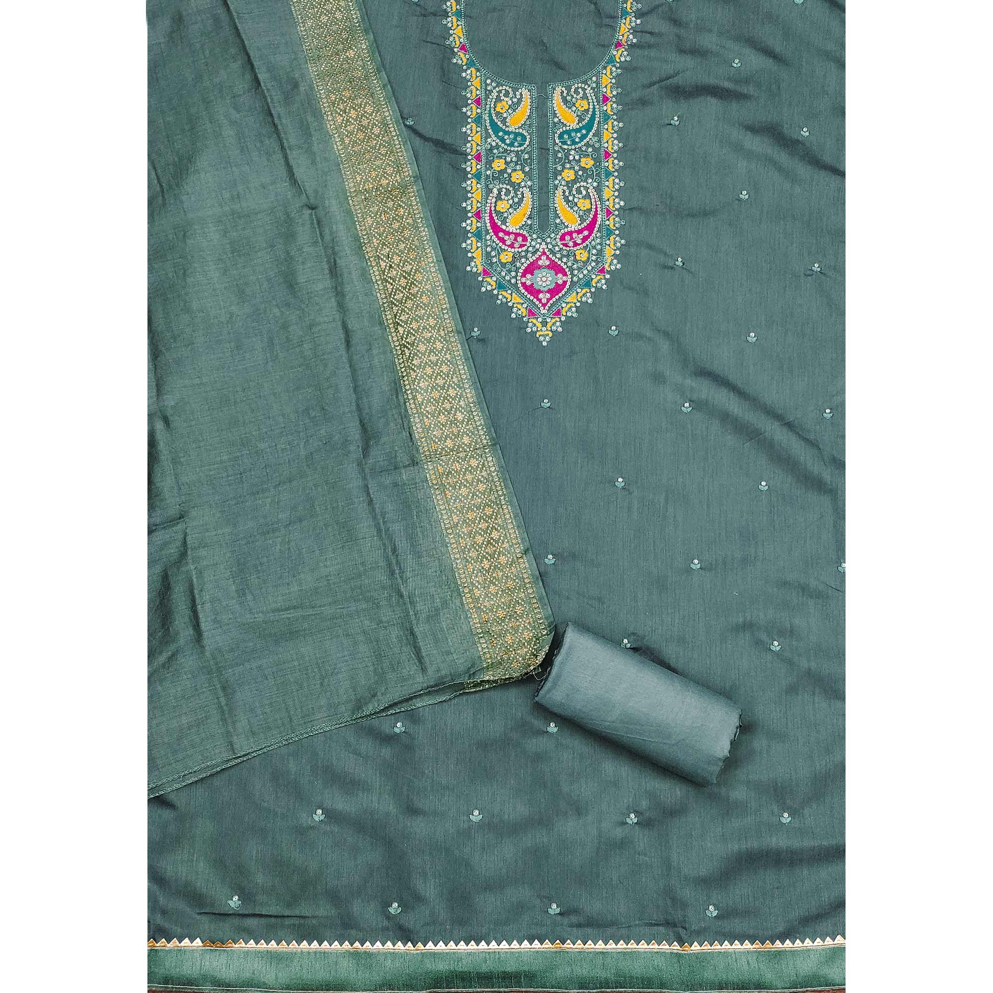 Green Floral Sequins Embroidered Cotton Silk Dress Material