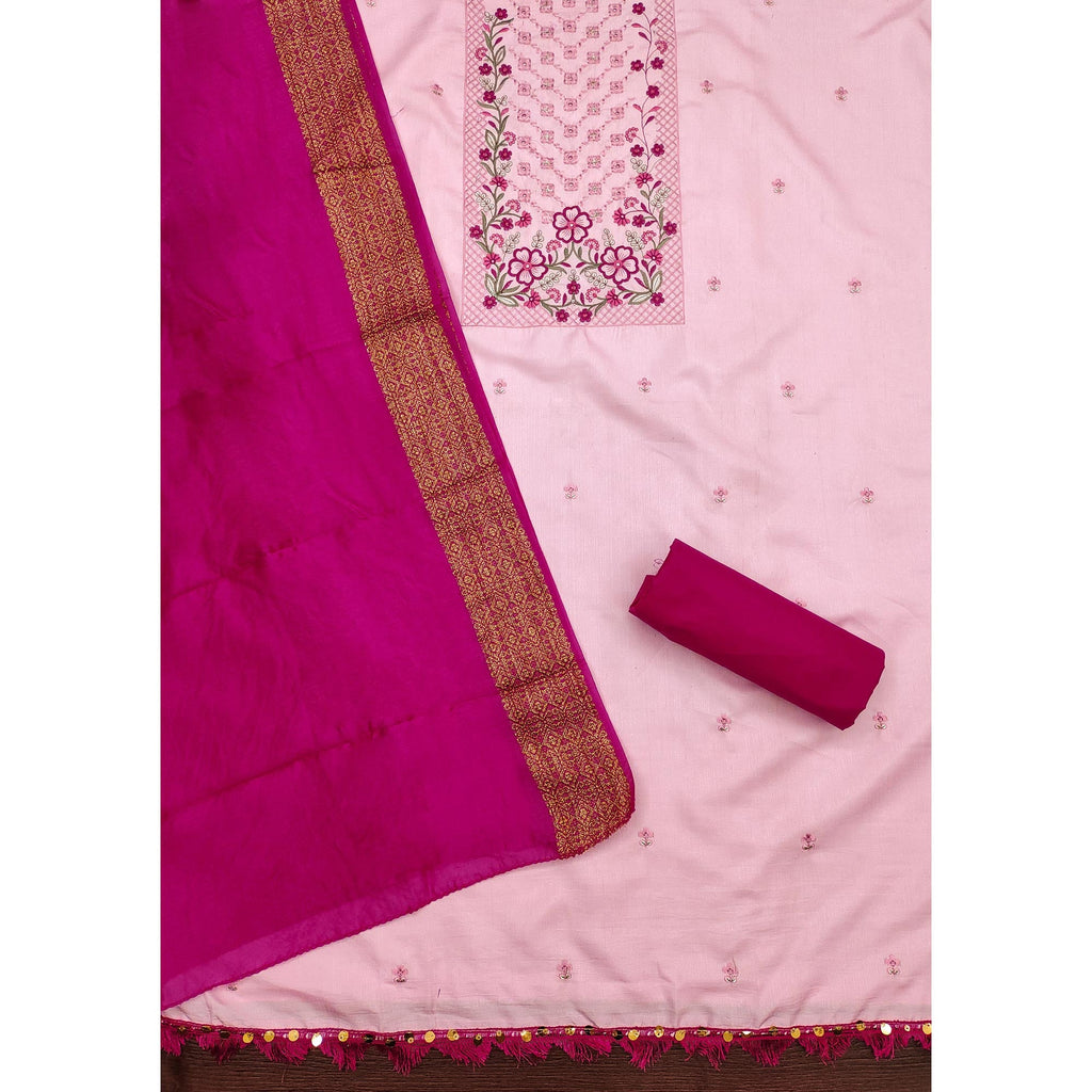 Light Pink Floral Sequins Embroidered Cotton Silk Dress Material