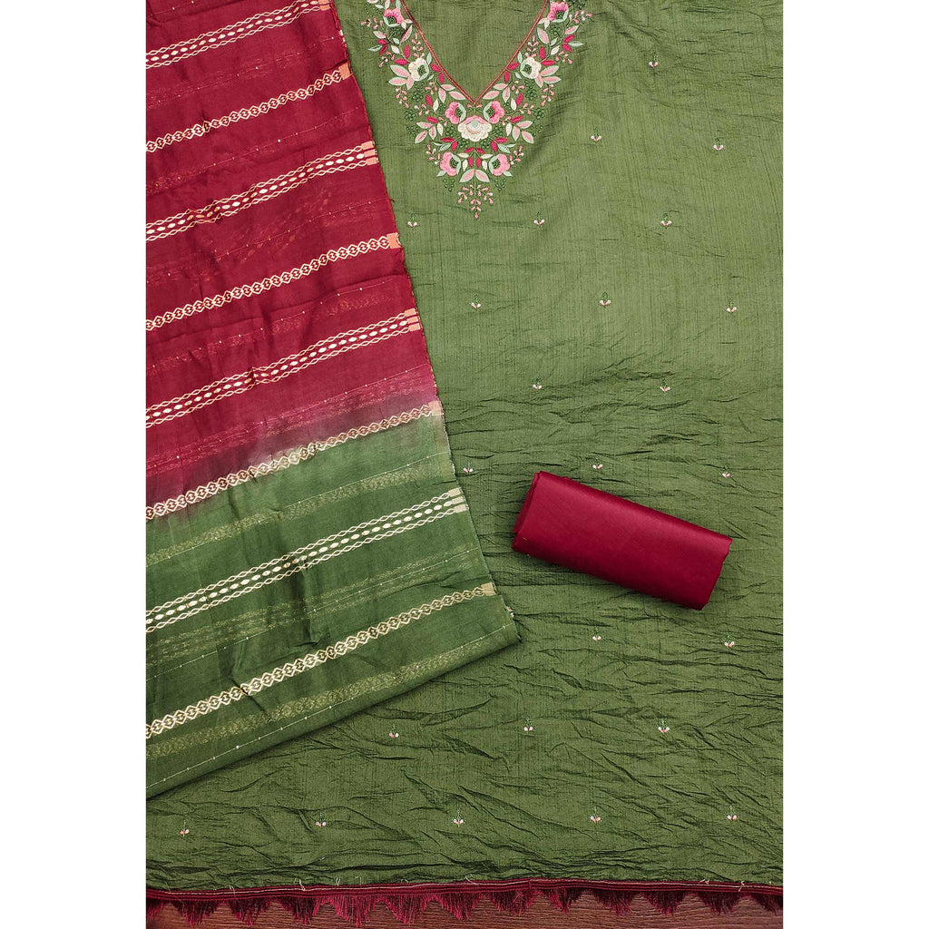 Green Floral Sequins Embroidered Cotton Silk Dress Material