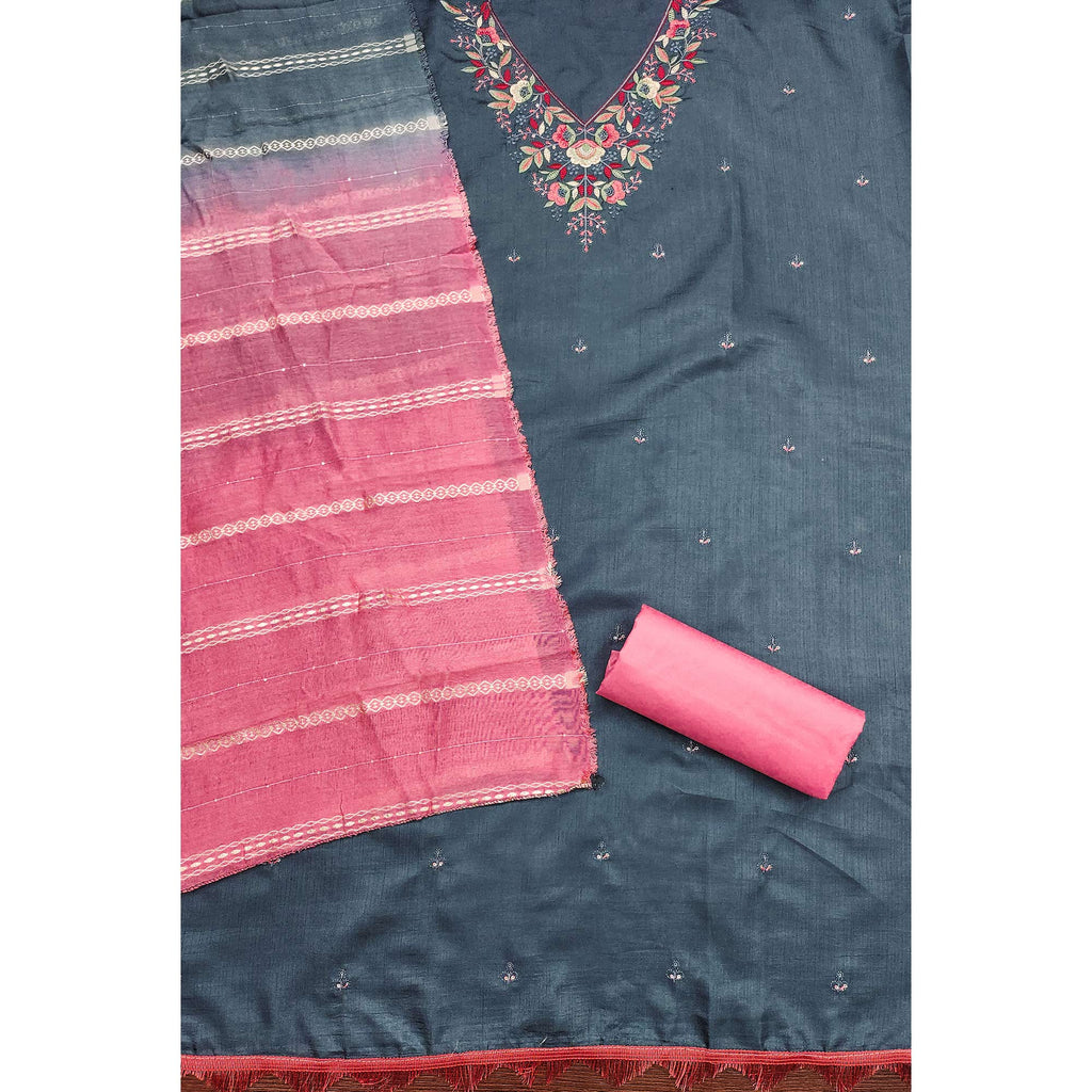 Grey Floral Sequins Embroidered Cotton Silk Dress Material