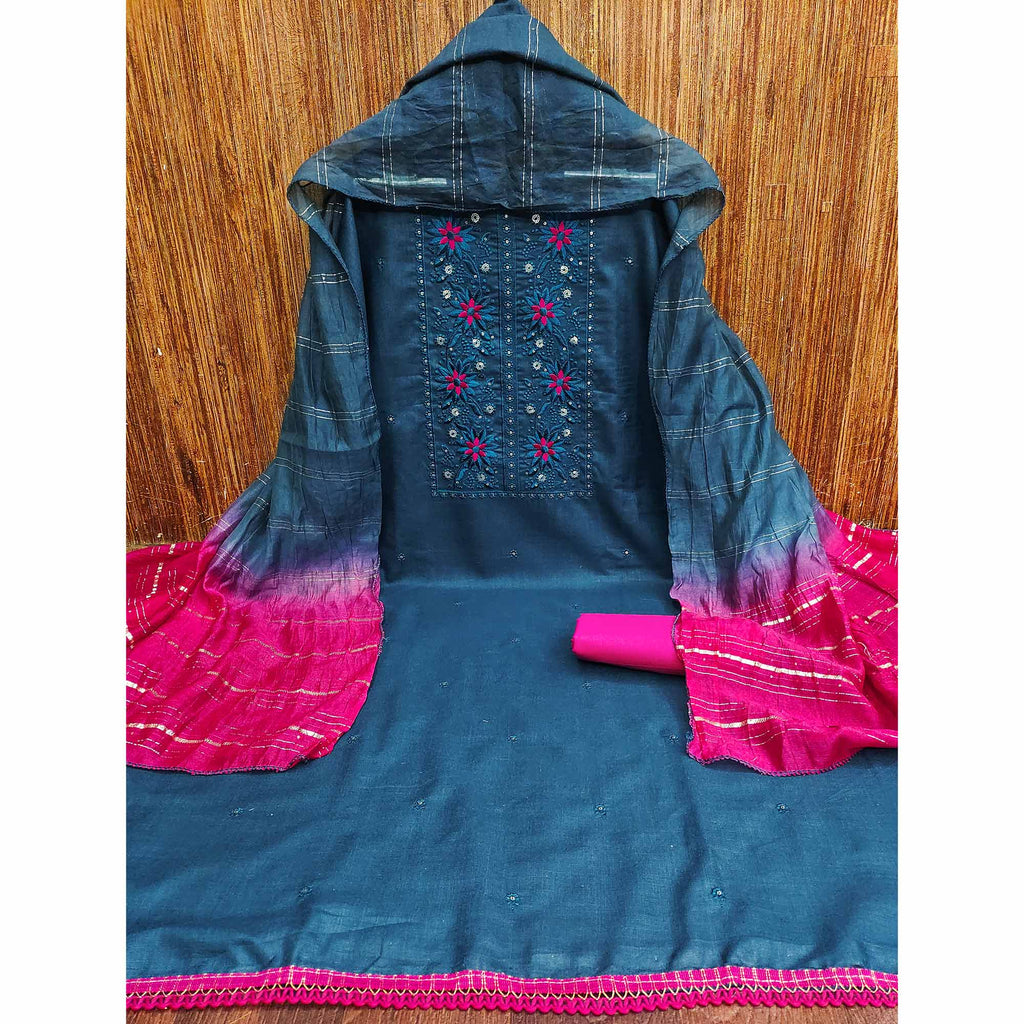 Blue Floral Sequins Embroidered Slub Cotton Dress Material