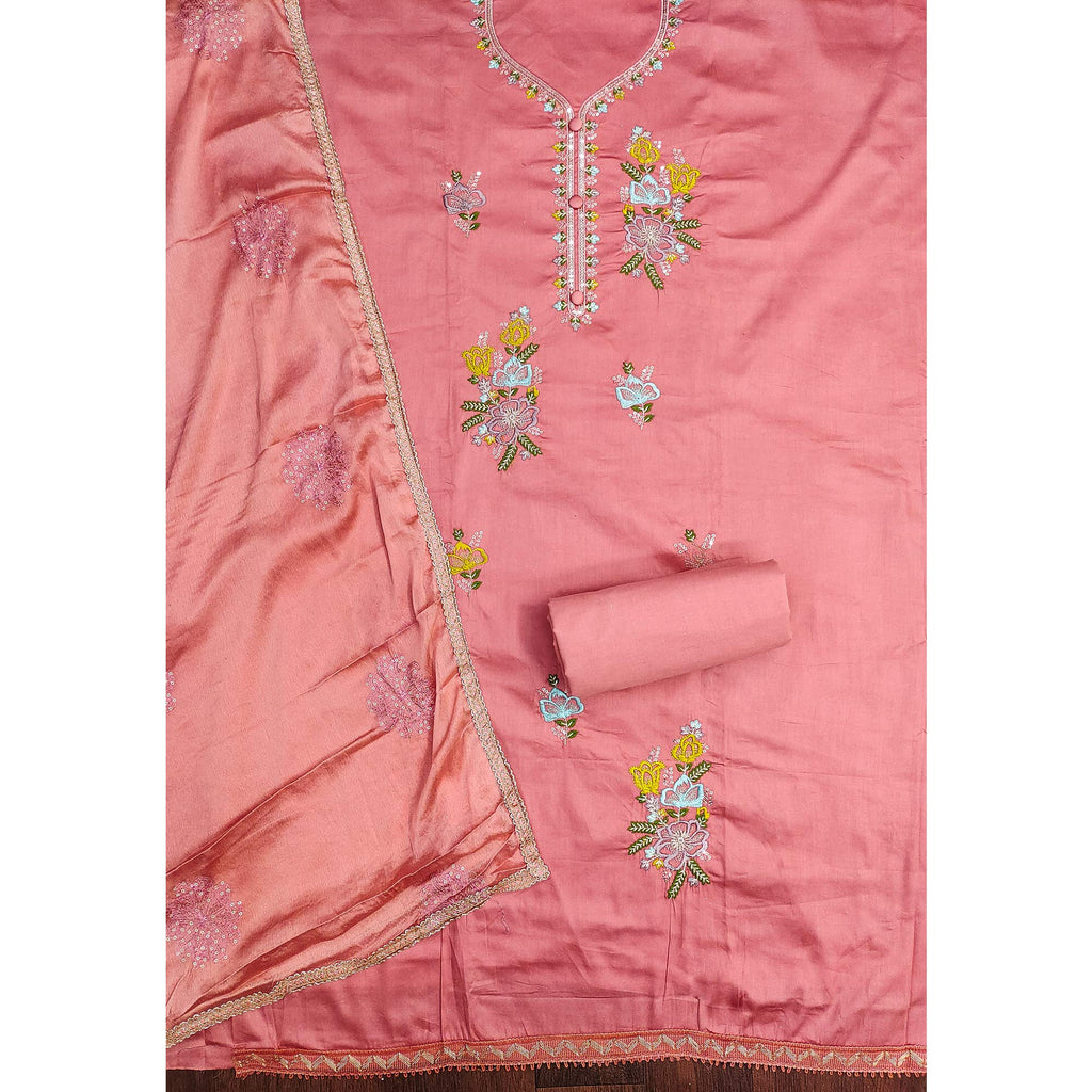 Breathable Pure Cotton Dress Material in Peach with Floral Designs