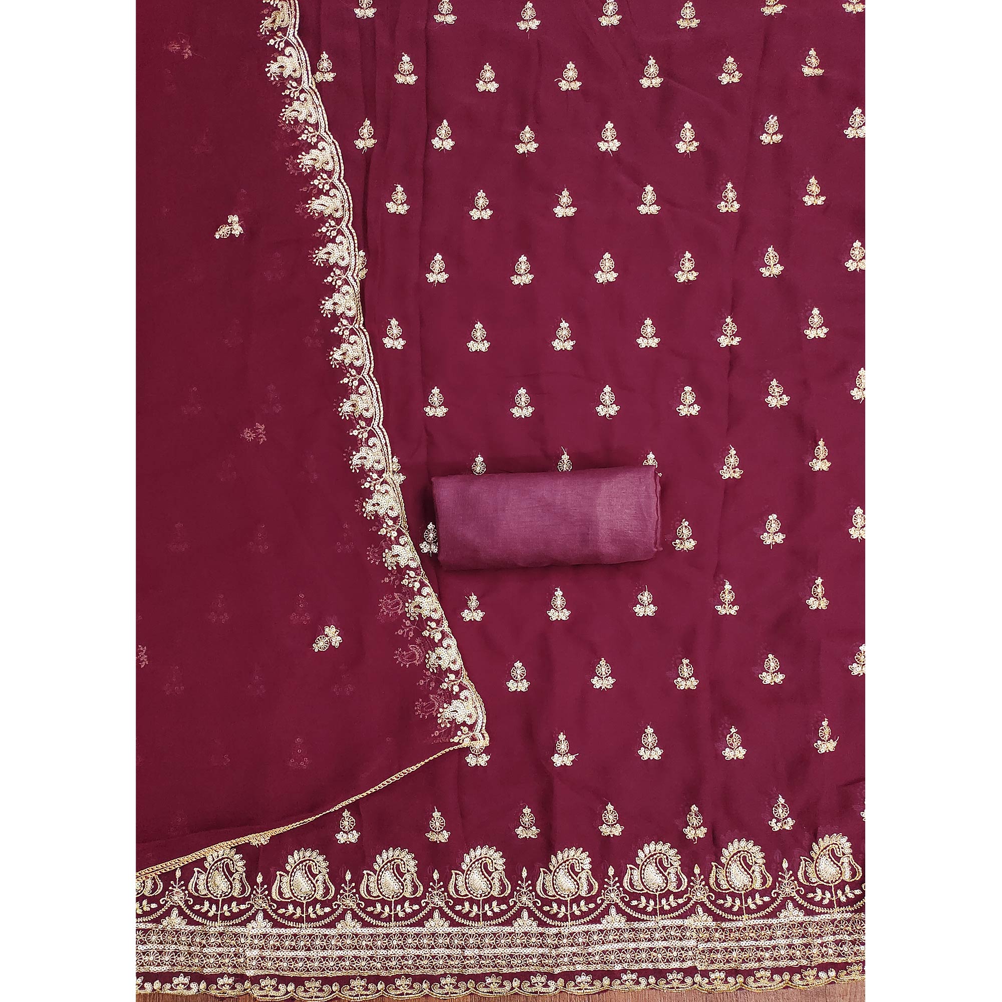 Maroon Georgette Dress Material with Sparkling Sequin Embroidery