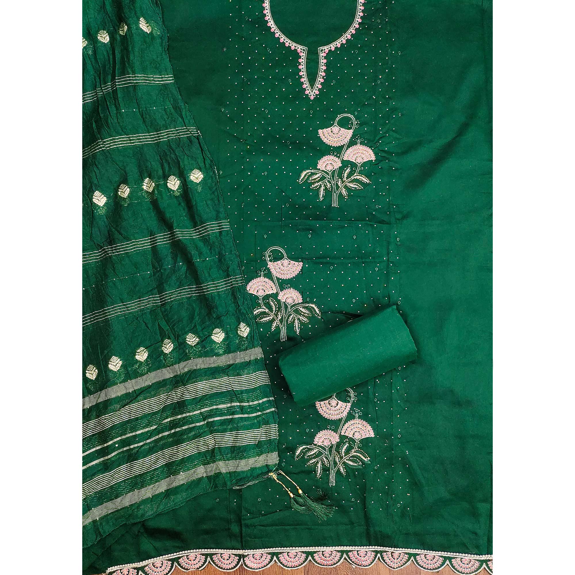 Green Dress Material in Cotton Blend with Delicate Embroidery Work