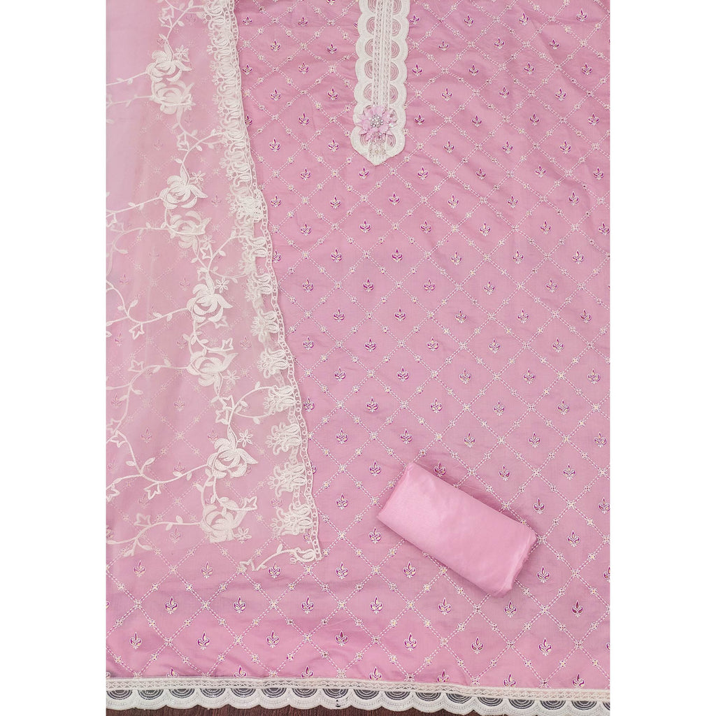 Pink Unstitched Dress Material Featuring Fine Floral Embroidery on Chanderi Silk