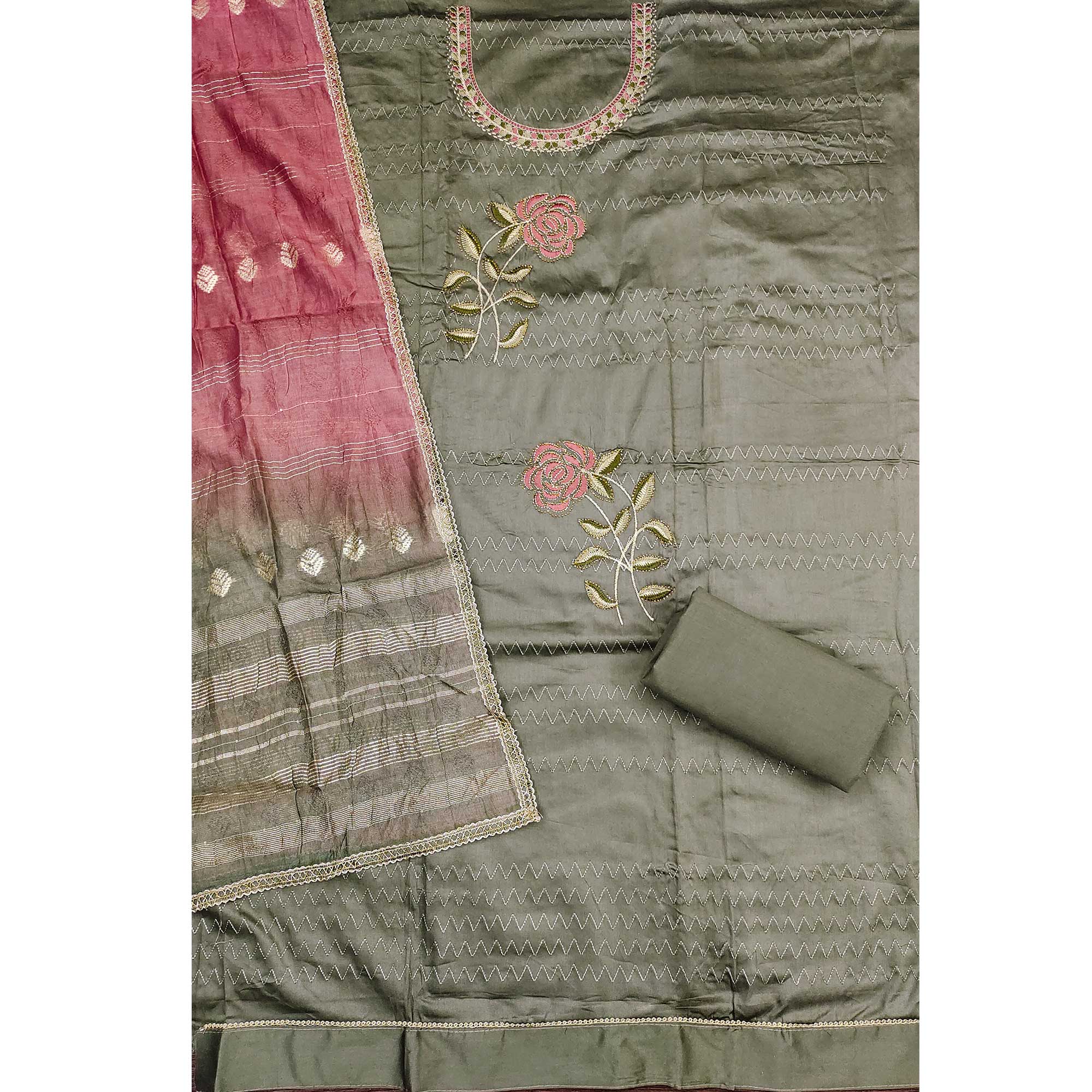 Dark Sage Green Suit Material in Cotton Blend with Beautifully Embroidered Floral Patterns