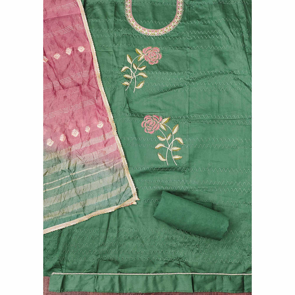 Green Suit Material in Cotton Blend with Beautifully Embroidered Floral Patterns