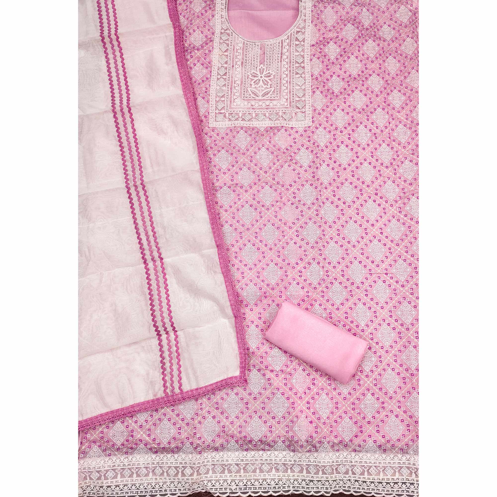 Pink Chanderi Silk Suit Fabric with Embroidered Highlights and Artistic Geometric Prints