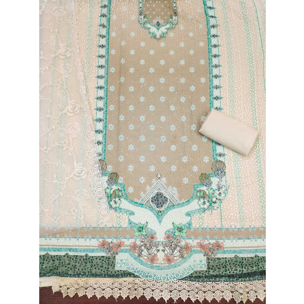 Cream & Beige Georgette Suit Fabric Adorned with Elegant and Delicate Schiffli Embroidery
