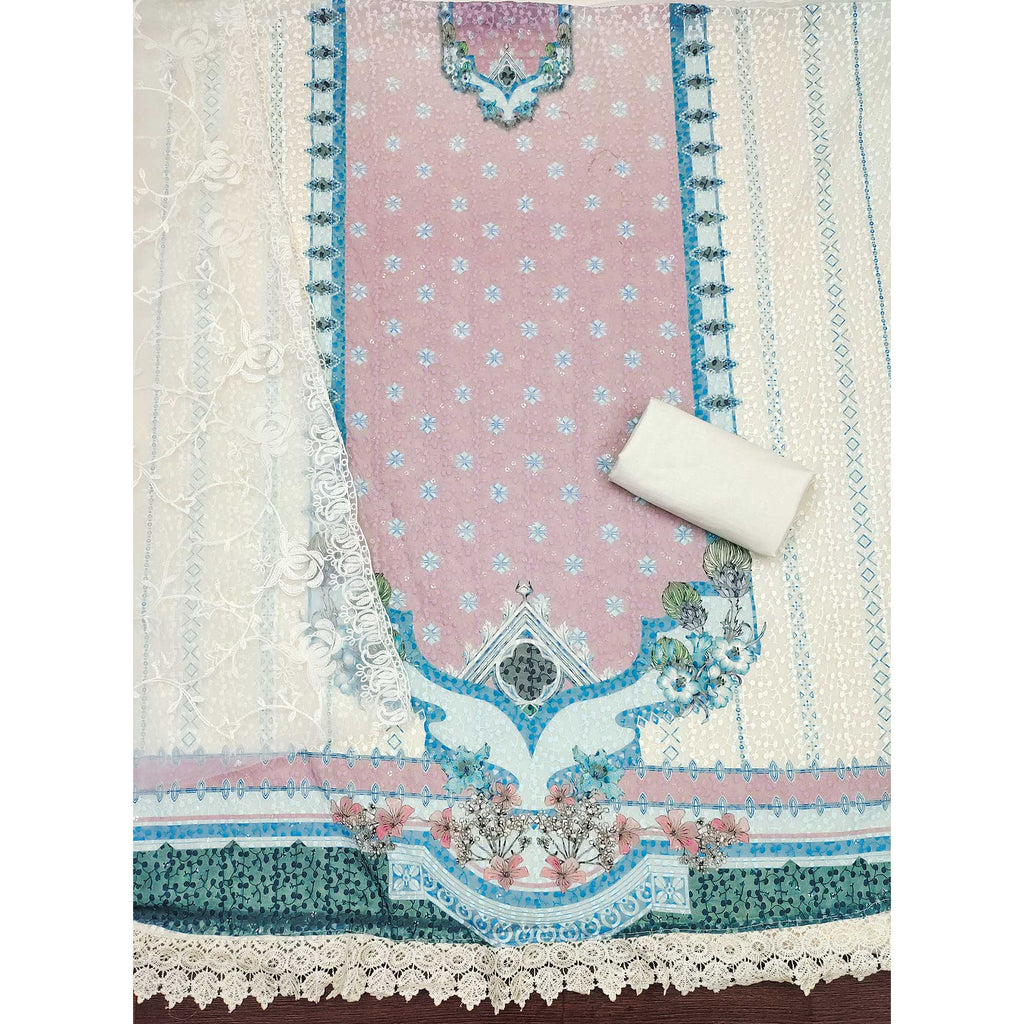 Cream & Dusty Pink Georgette Suit Fabric Adorned with Elegant and Delicate Schiffli Embroidery
