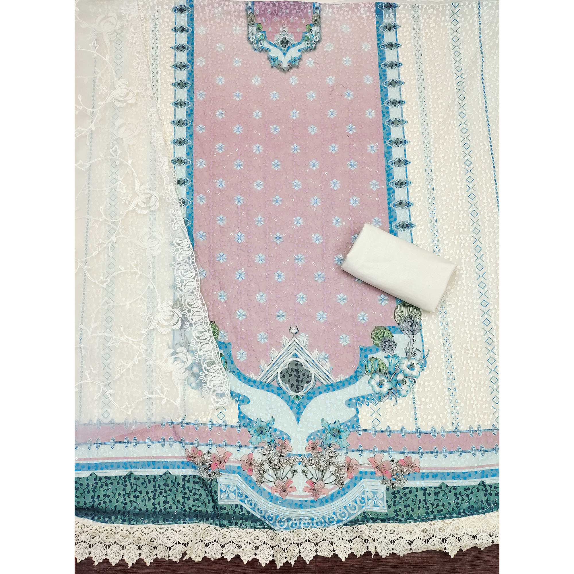 Cream & Dusty Pink Georgette Suit Fabric Adorned with Elegant and Delicate Schiffli Embroidery