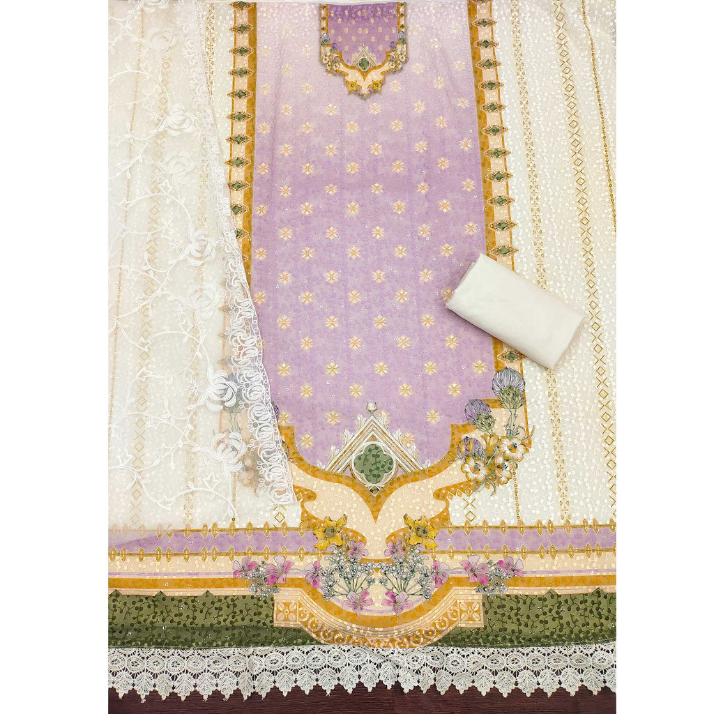 Cream & Lavender Georgette Suit Fabric Adorned with Elegant and Delicate Schiffli Embroidery
