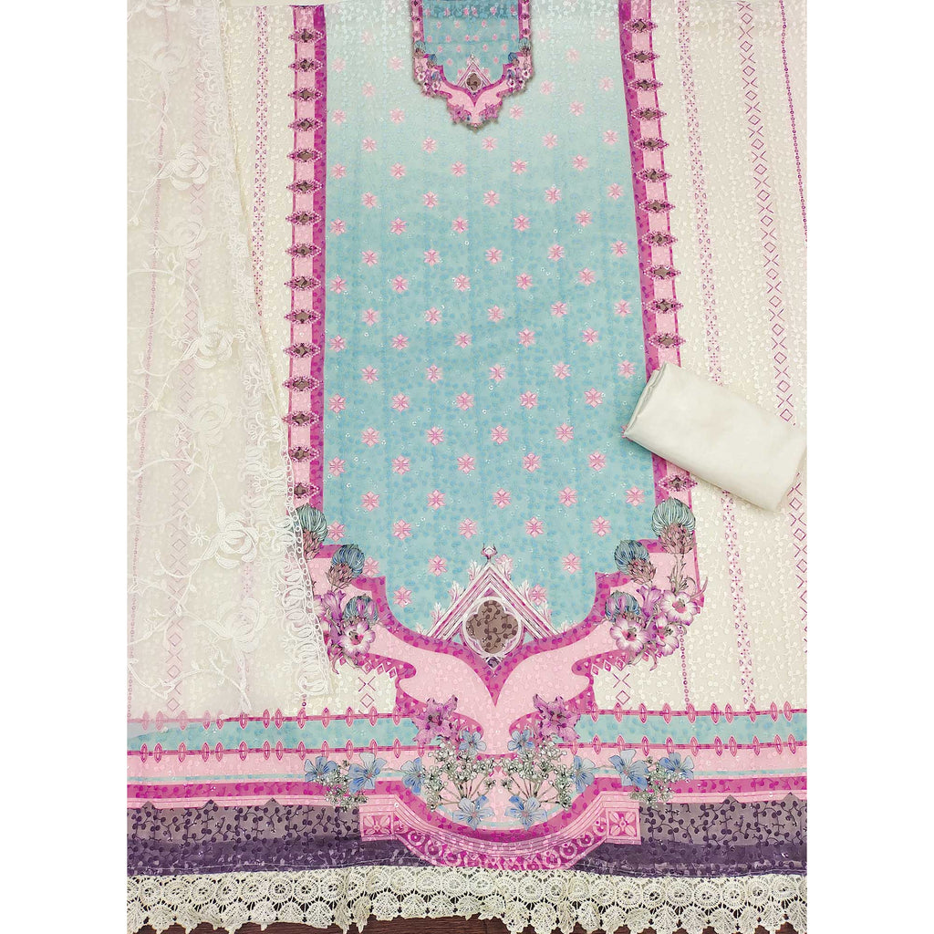 Cream & Sky Blue Georgette Suit Fabric Adorned with Elegant and Delicate Schiffli Embroidery