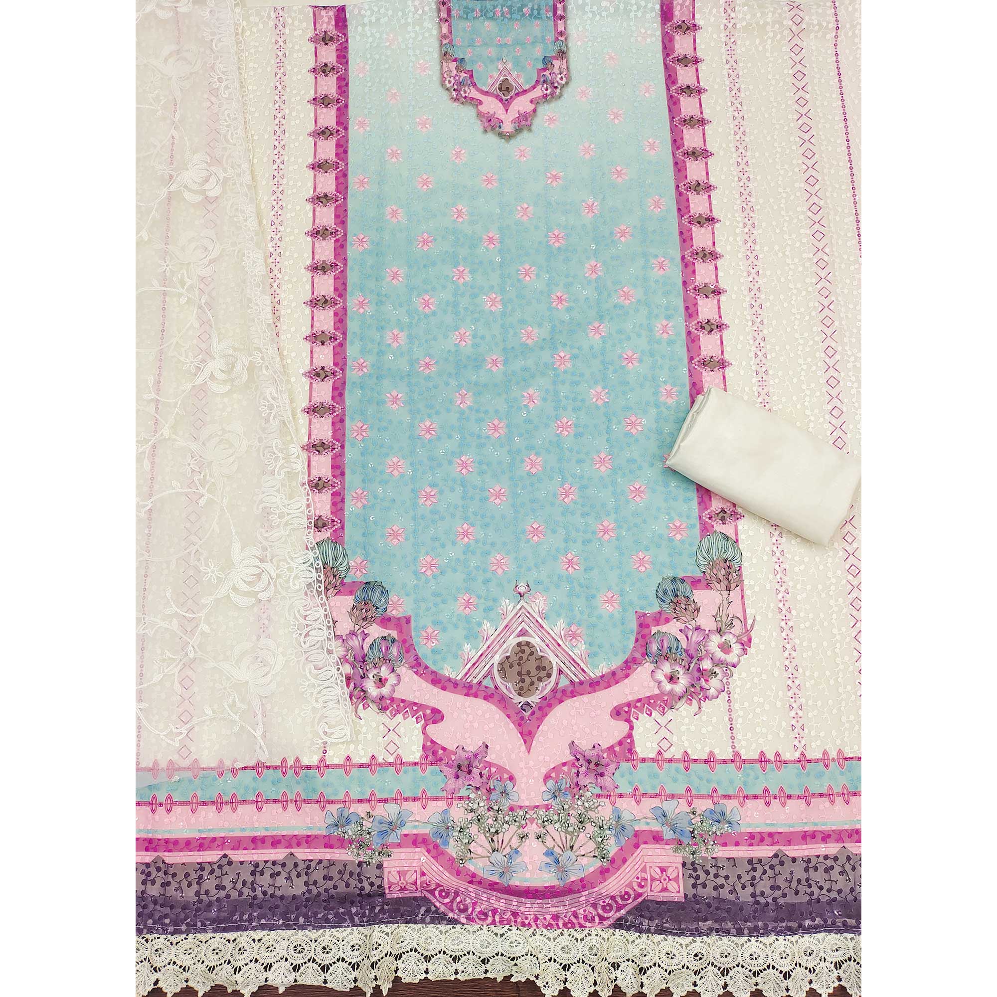 Cream & Sky Blue Georgette Suit Fabric Adorned with Elegant and Delicate Schiffli Embroidery