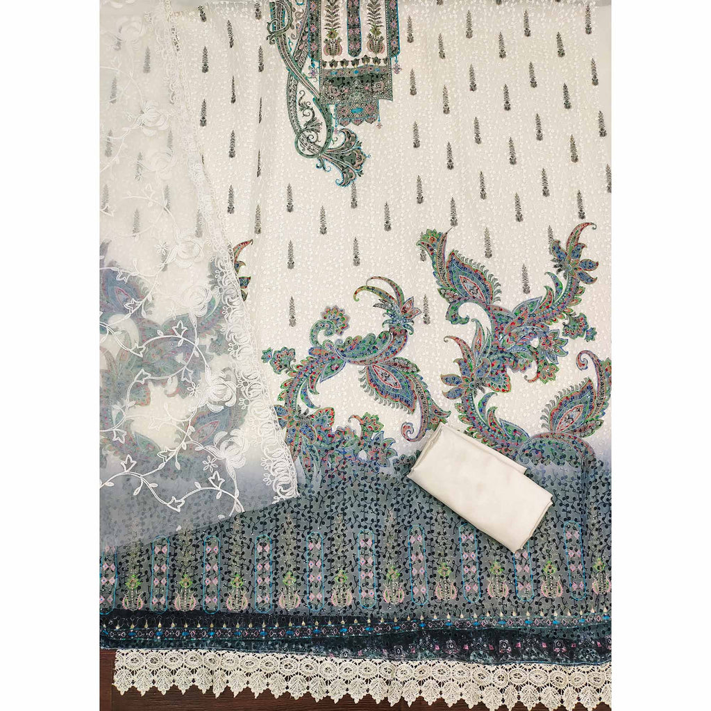 Cream & Blue Schiffli Embroidered Heavy Georgette Dress Material