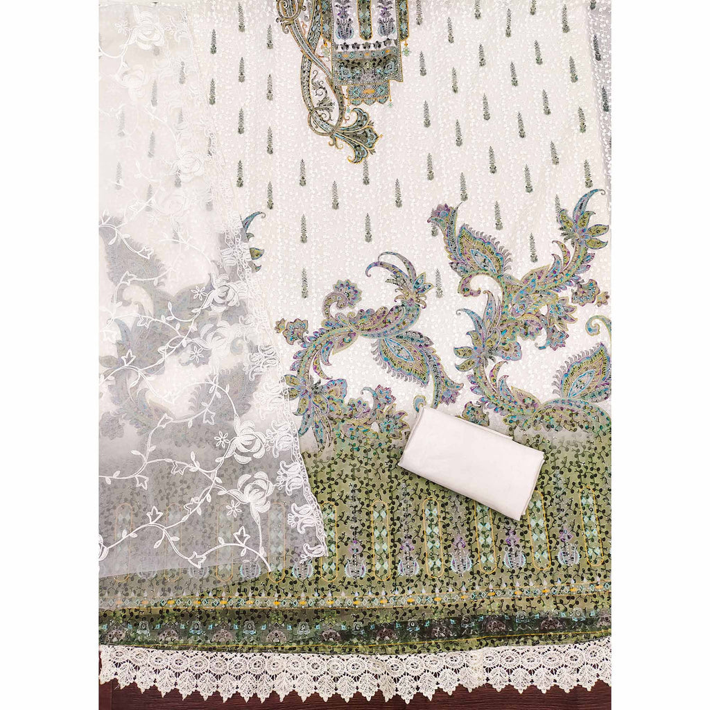 Cream And Green Schiffli Embroidered Heavy Georgette Dress Material
