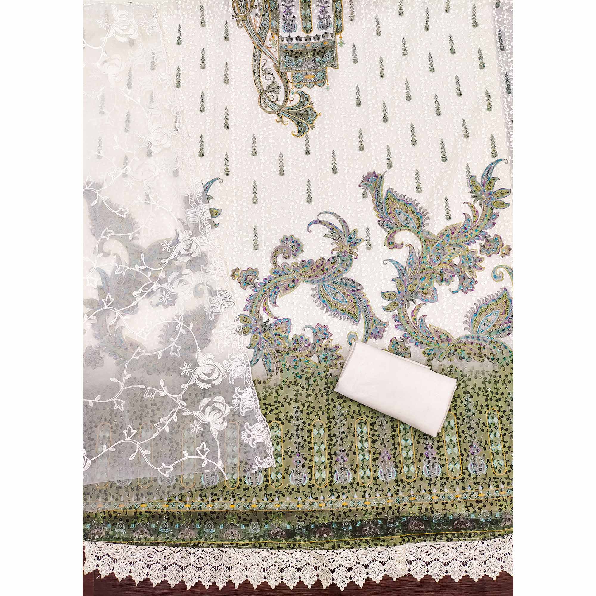 Cream And Green Schiffli Embroidered Heavy Georgette Dress Material
