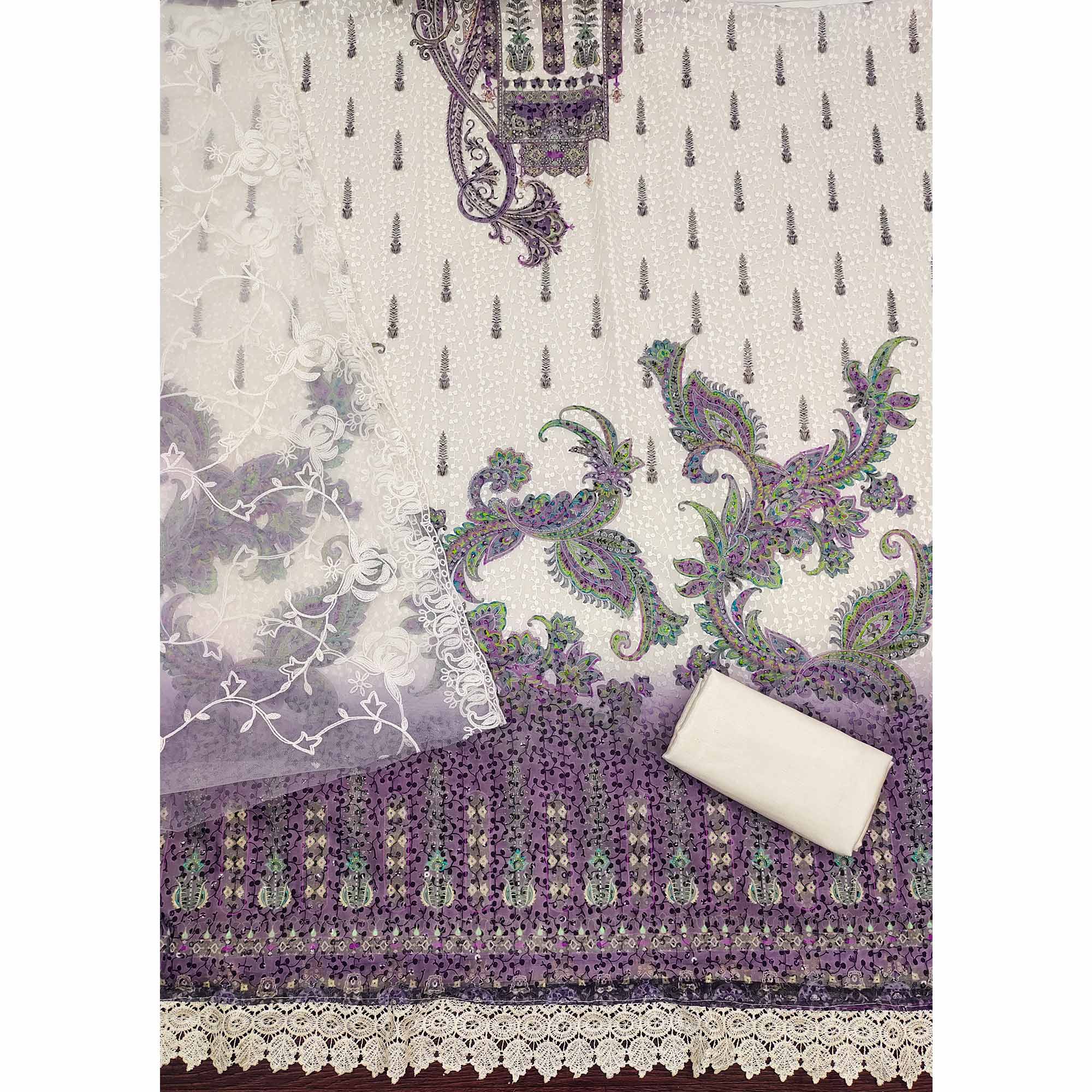 Cream & Purple Schiffli Embroidered Heavy Georgette Dress Material