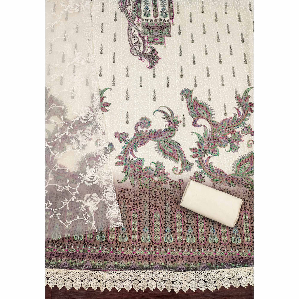 Cream & Wine Schiffli Embroidered Heavy Georgette Dress Material