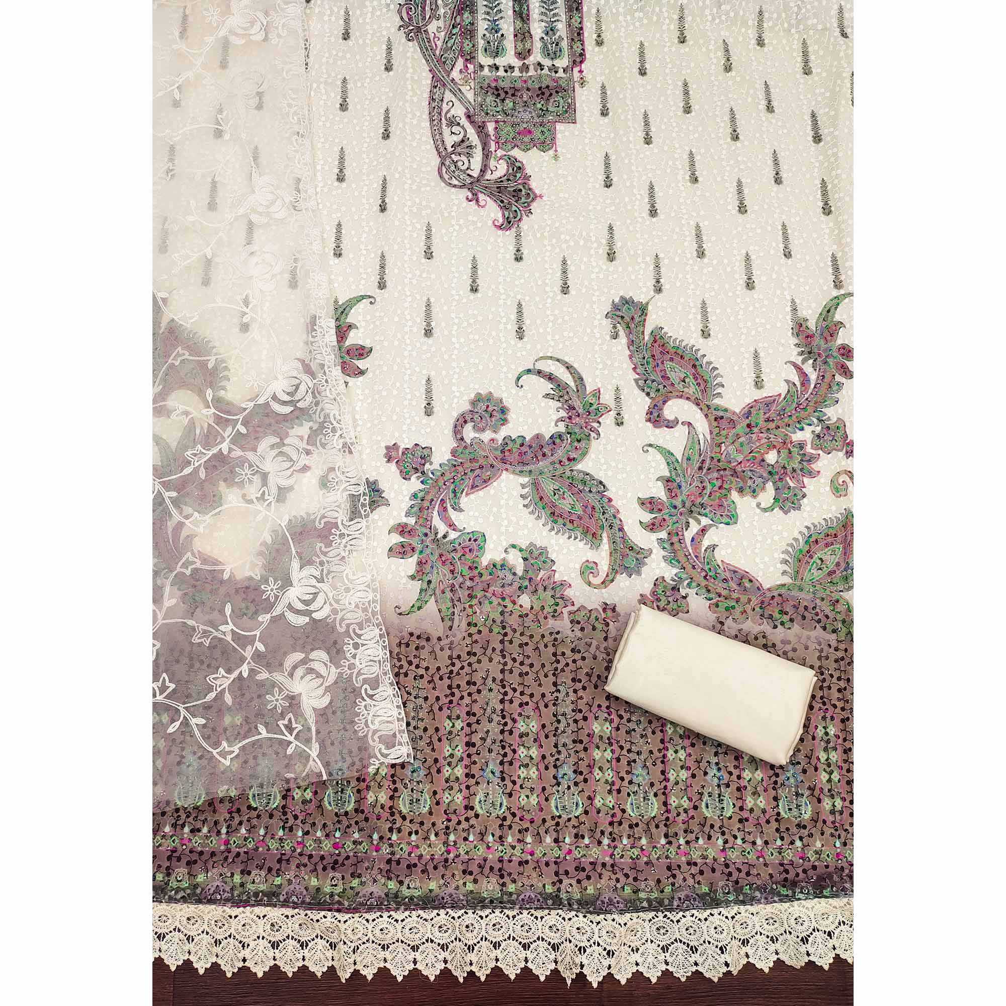 Cream & Wine Schiffli Embroidered Heavy Georgette Dress Material