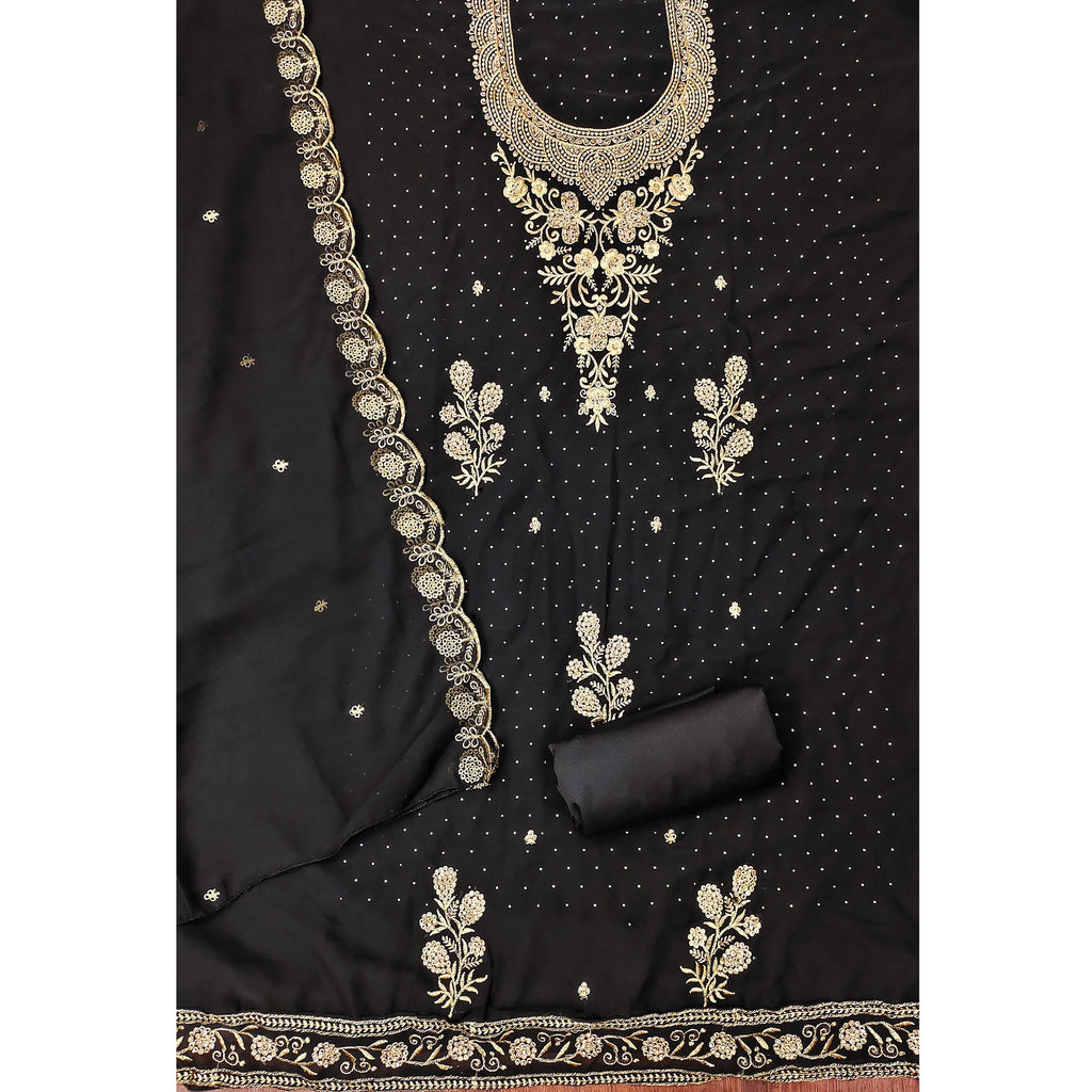 Black Georgette Dress Material With Intricate Thread And Stone Work Embroidery