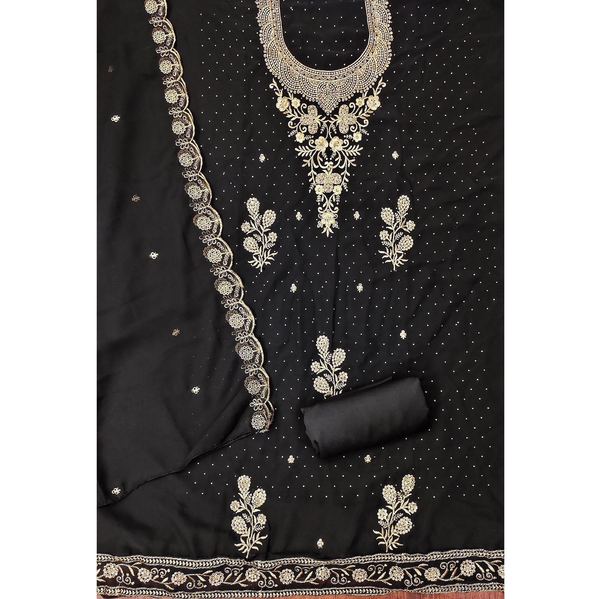 Black Georgette Dress Material With Intricate Thread And Stone Work Embroidery