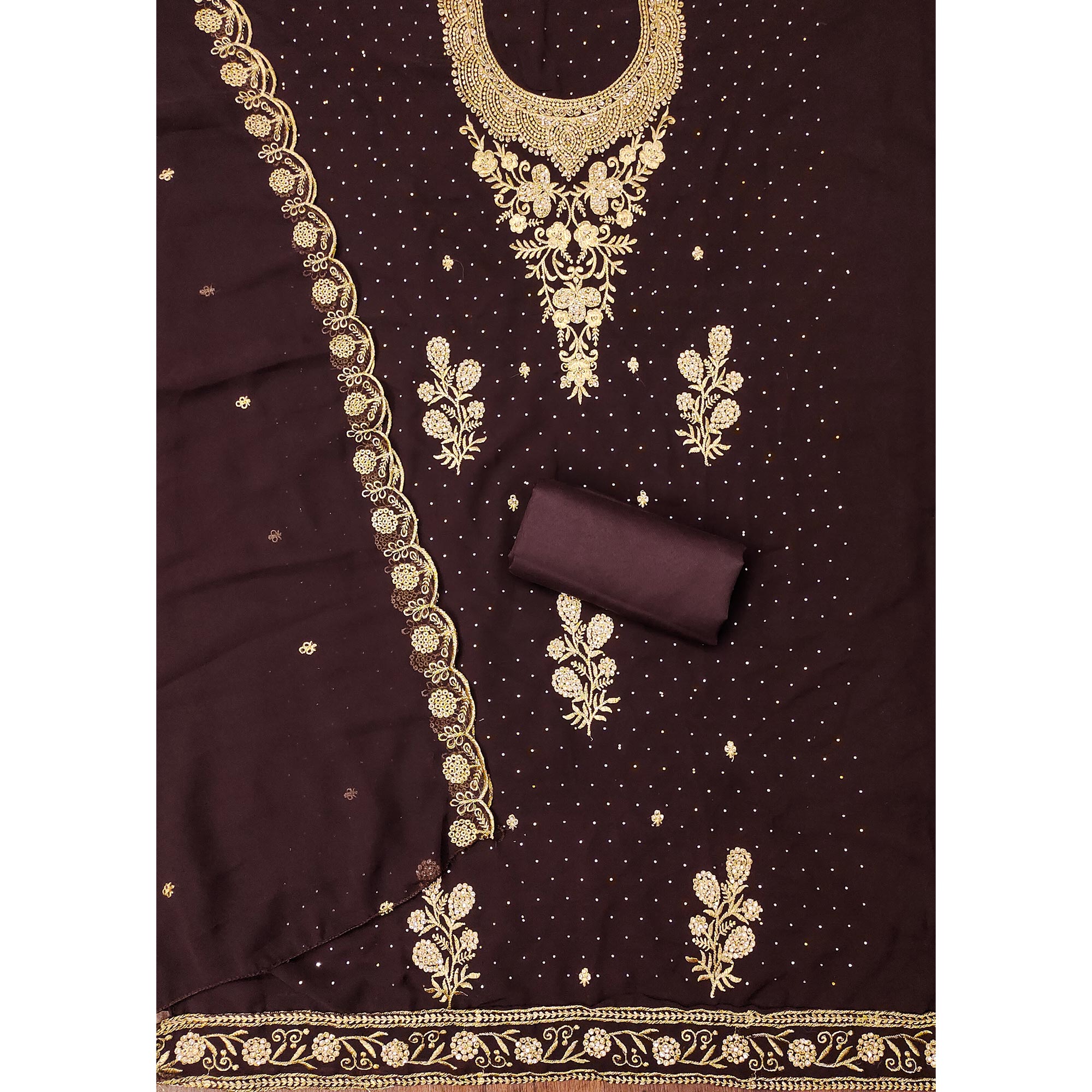 Dark Brown Georgette Dress Material With Intricate Thread And Stone Work Embroidery