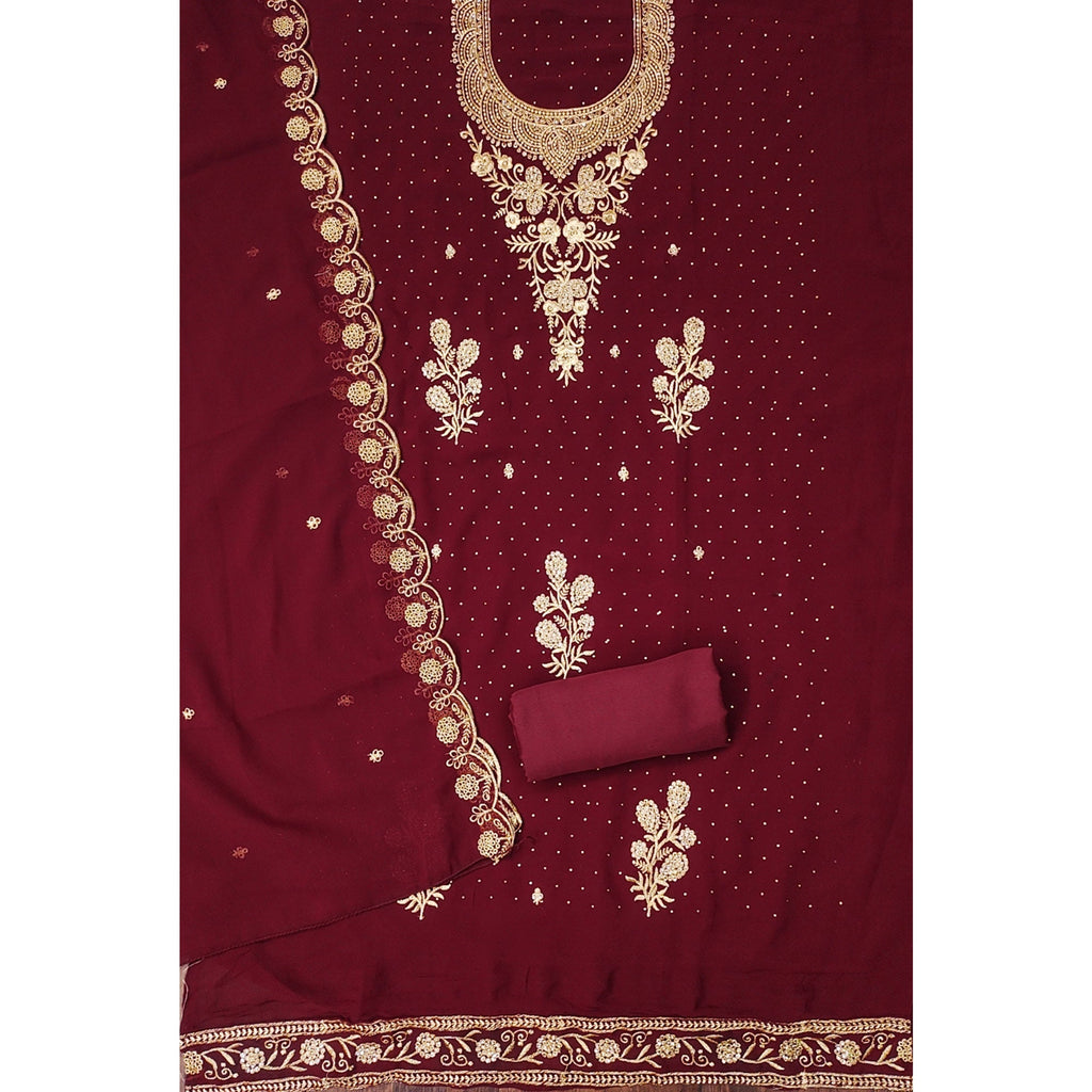 Maroon Georgette Dress Material With Intricate Thread And Stone Work Embroidery
